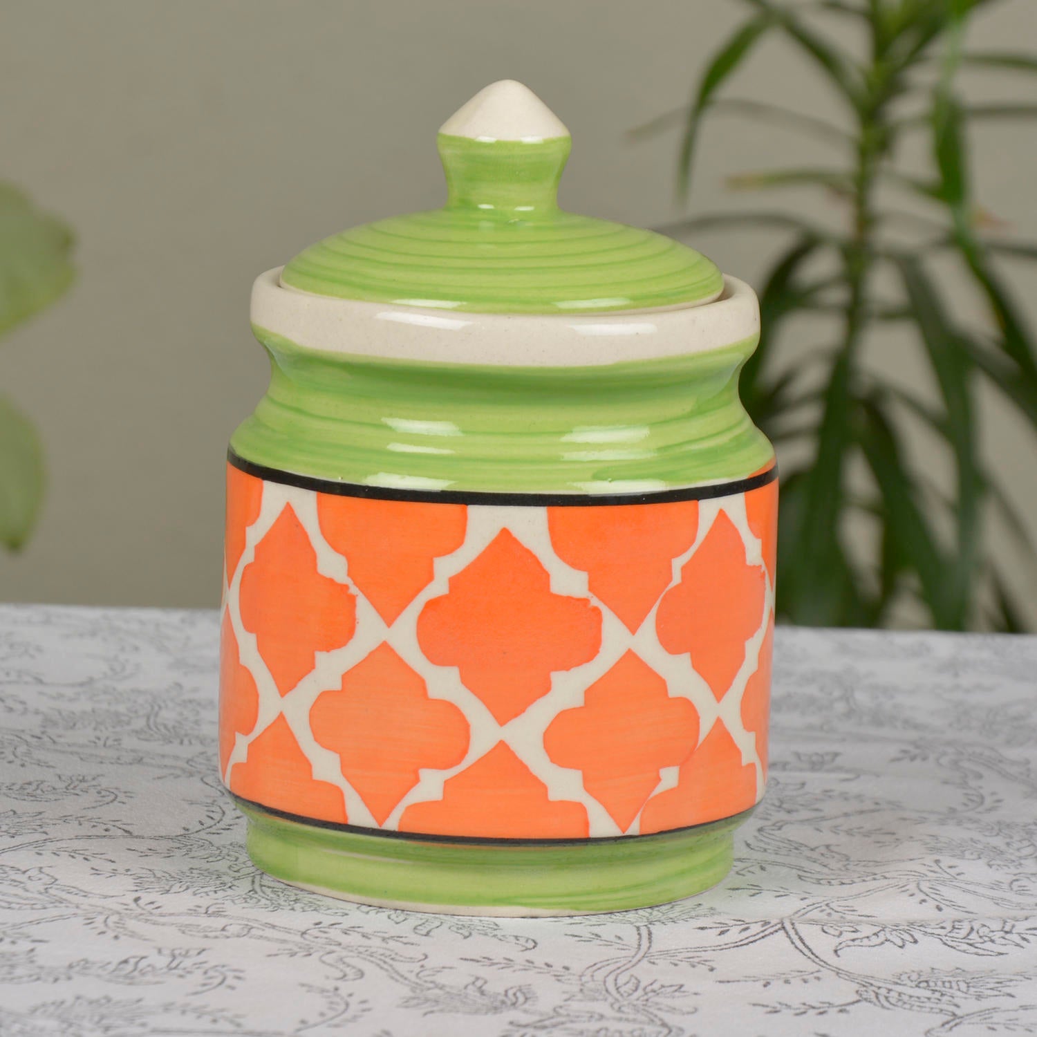 Handpainted Ceramic Jar Set with Lid (Set of 2, 500 ml, Orange and Green ) - View 3