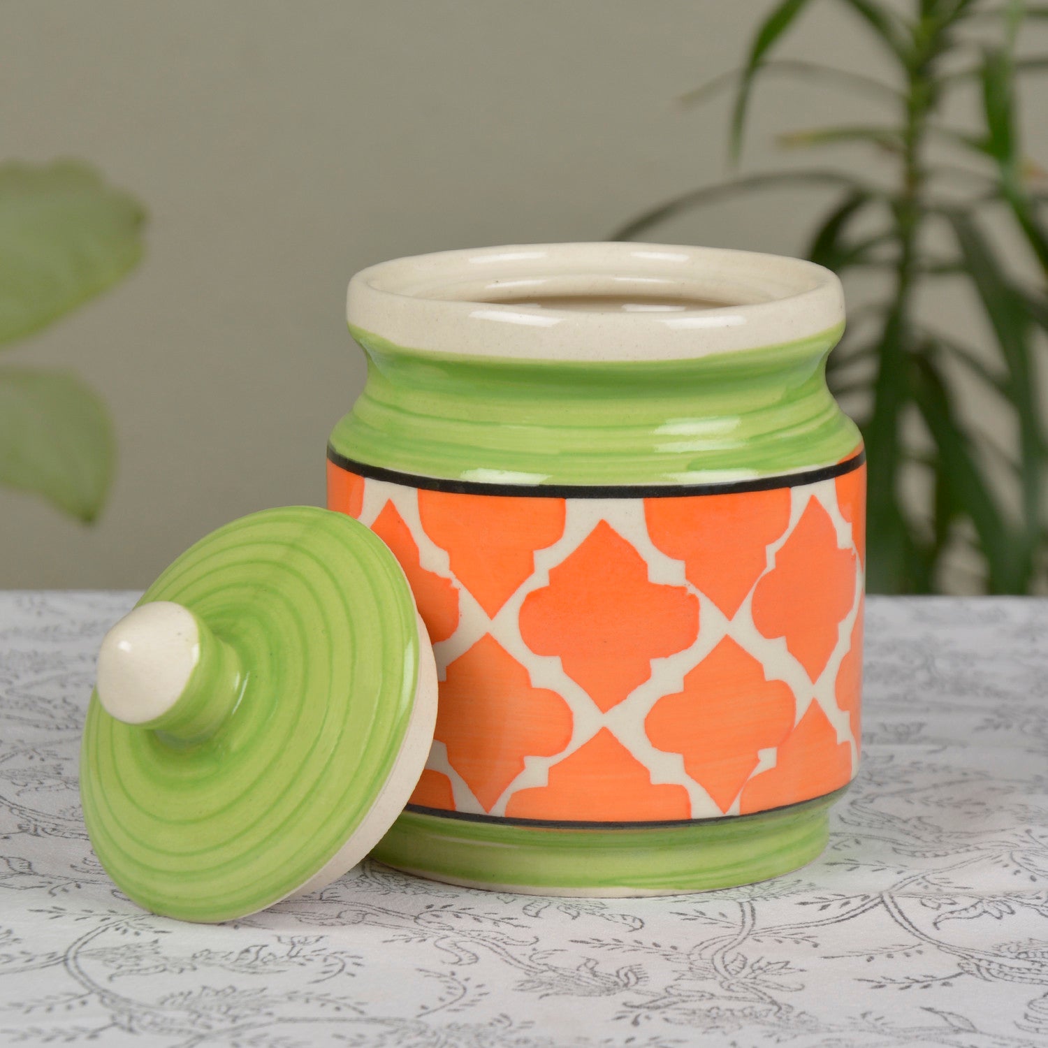 Handpainted Ceramic Jar Set with Lid (Set of 2, 500 ml, Orange and Green ) - View 4