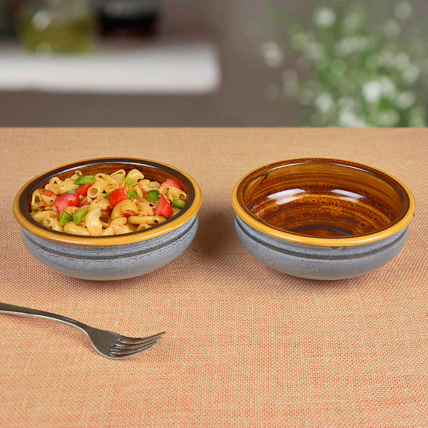 Studio Pottery Ceramic Snack/Serving Bowls (Set of 2, Greyish Blue, Brown)