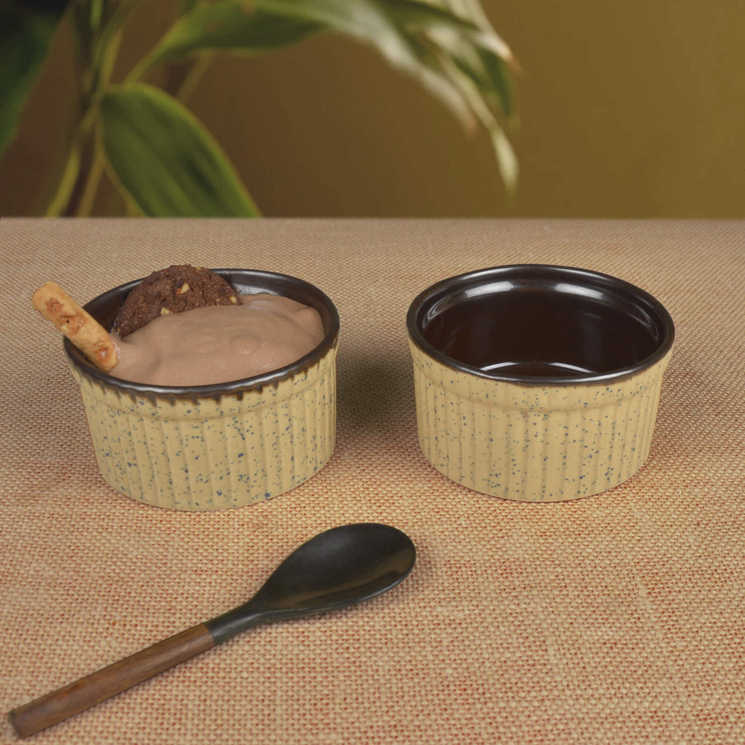 Studio Pottery Ceramic Dessert/Dip Bowls (Set of 2, Beige,Brown)