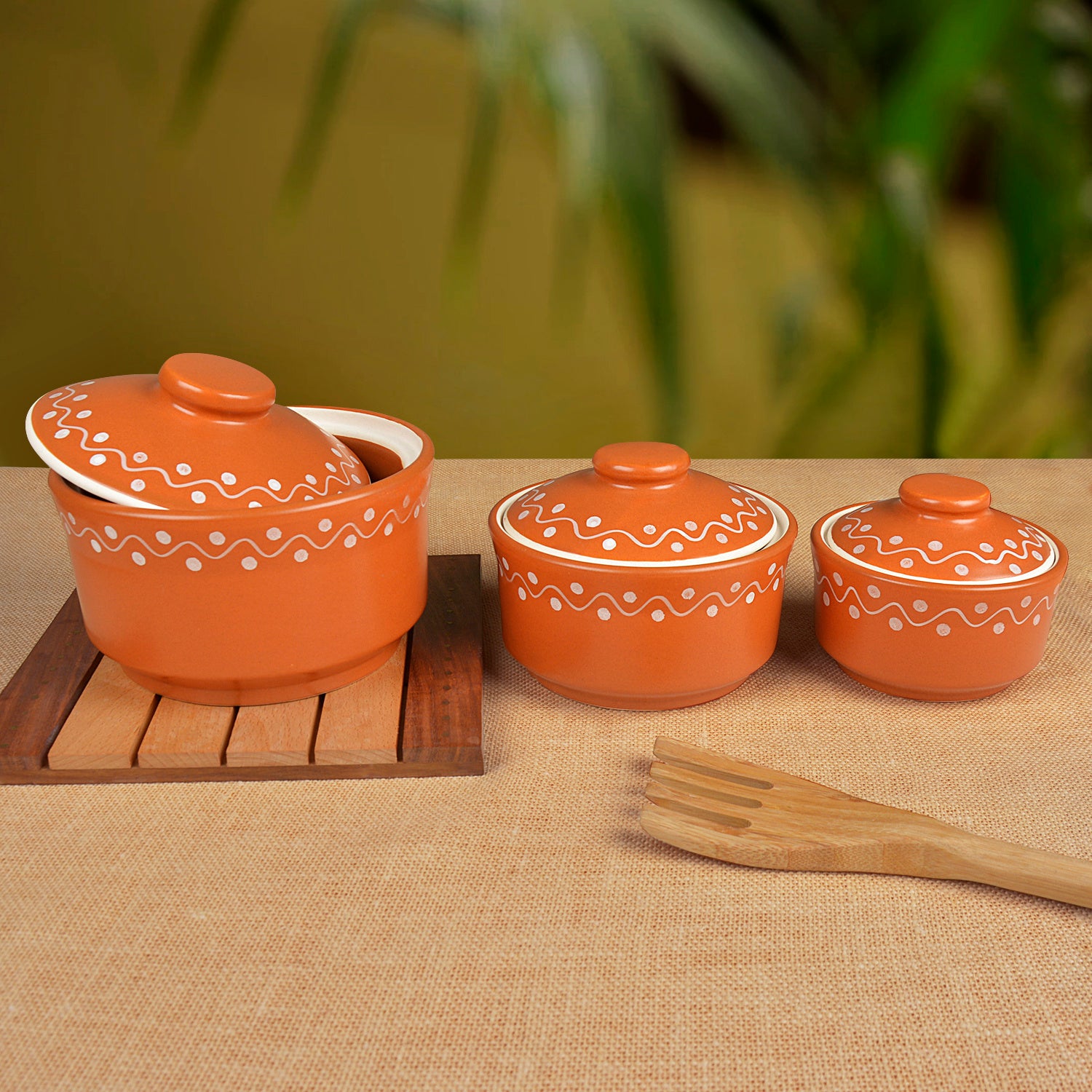 Studio Pottery Handpainted Ceramic Serving Donga with Lid Casserole Set (Set of 3, Terracotta Brown) - View 3