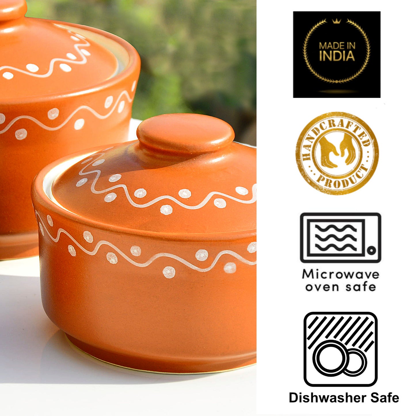 Studio Pottery Handpainted Ceramic Serving Donga with Lid Casserole Set (Set of 3, Terracotta Brown) - View 5