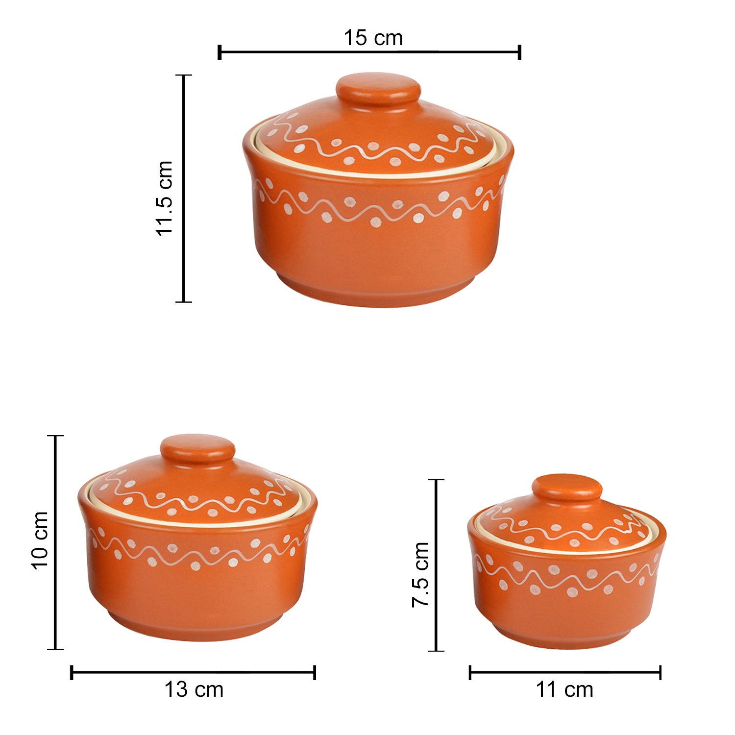 Studio Pottery Handpainted Ceramic Serving Donga with Lid Casserole Set (Set of 3, Terracotta Brown) - View 2