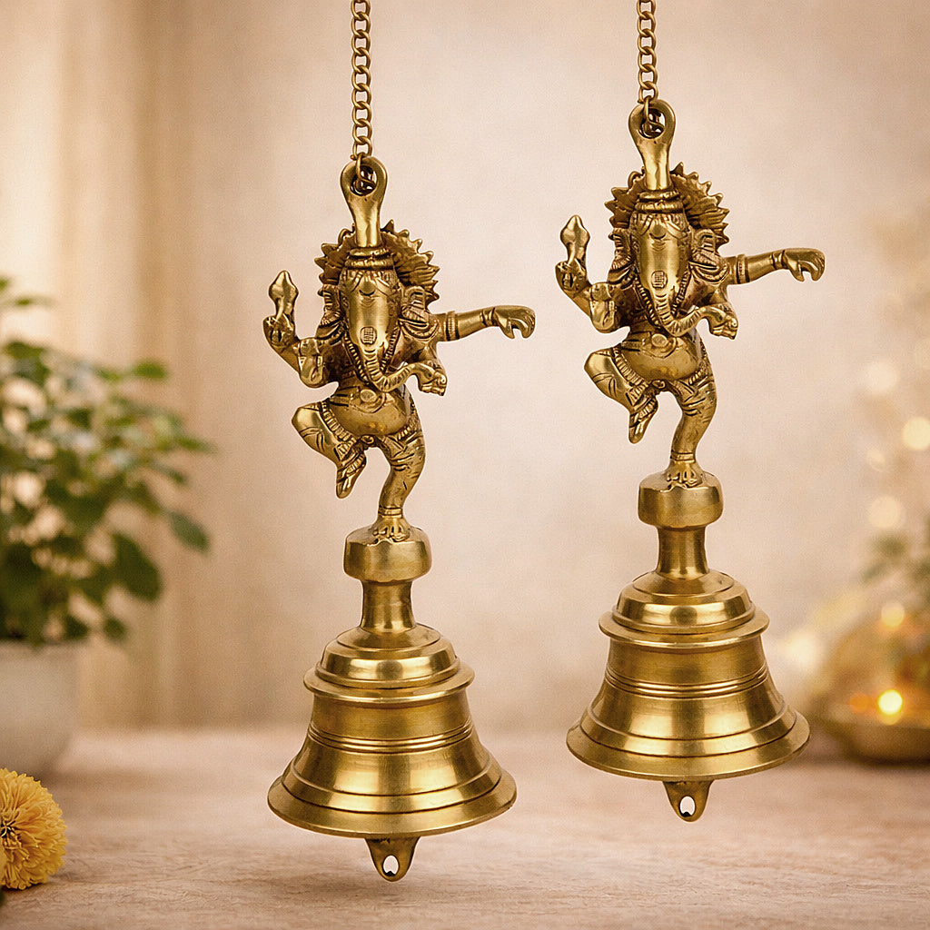 StyleMyway Pure Brass Antique Hanging Temple Bell with Ganesha (Set of 2, 3.6 x 3.6 x 9.6 inches, 2.4 kg, Chain-15 inches)