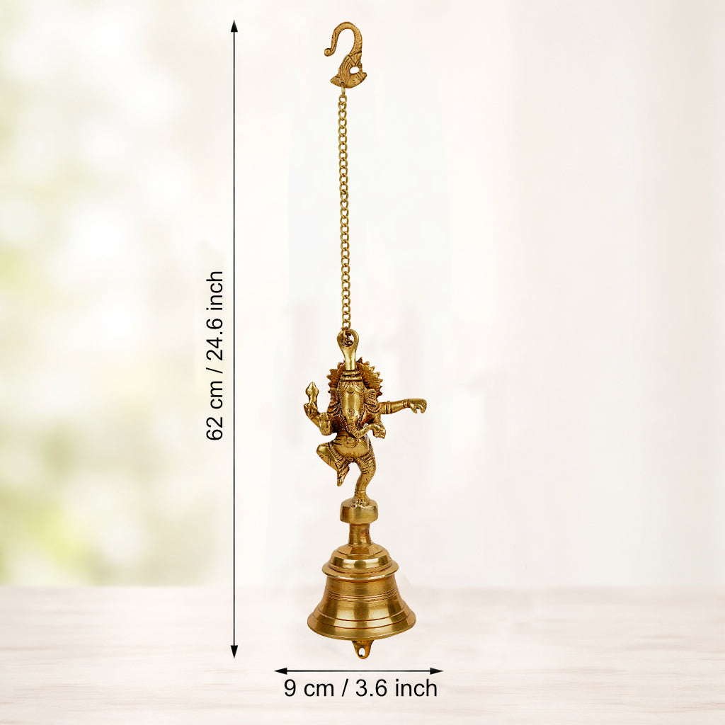 StyleMyway Pure Brass Antique Hanging Temple Bell with Ganesha (Set of 2, 3.6 x 3.6 x 9.6 inches, 2.4 kg, Chain-15 inches) - View 2