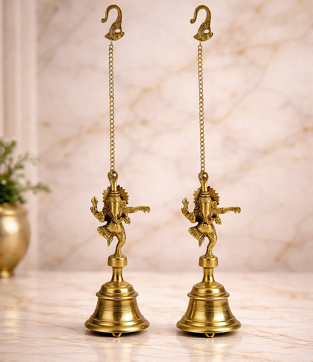 StyleMyway Pure Brass Antique Hanging Temple Bell with Ganesha (Set of 2, 3.6 x 3.6 x 9.6 inches, 2.4 kg, Chain-15 inches) - View 3
