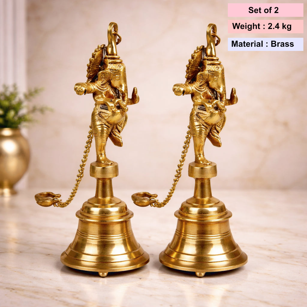 StyleMyway Pure Brass Antique Hanging Temple Bell with Ganesha (Set of 2, 3.6 x 3.6 x 9.6 inches, 2.4 kg, Chain-15 inches) - View 4