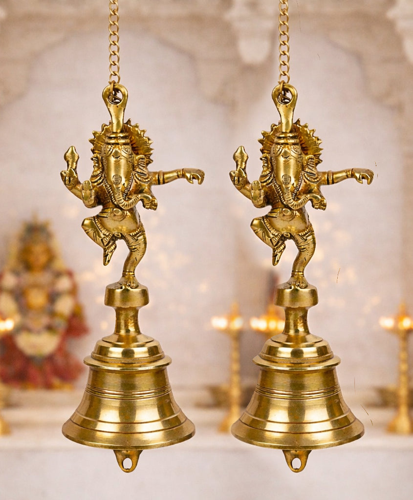 StyleMyway Pure Brass Antique Hanging Temple Bell with Ganesha (Set of 2, 3.6 x 3.6 x 9.6 inches, 2.4 kg, Chain-15 inches) - View 5
