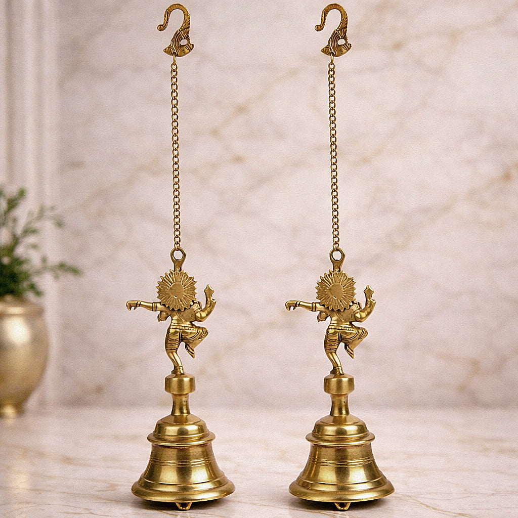 StyleMyway Pure Brass Antique Hanging Temple Bell with Ganesha (Set of 2, 3.6 x 3.6 x 9.6 inches, 2.4 kg, Chain-15 inches) - View 7