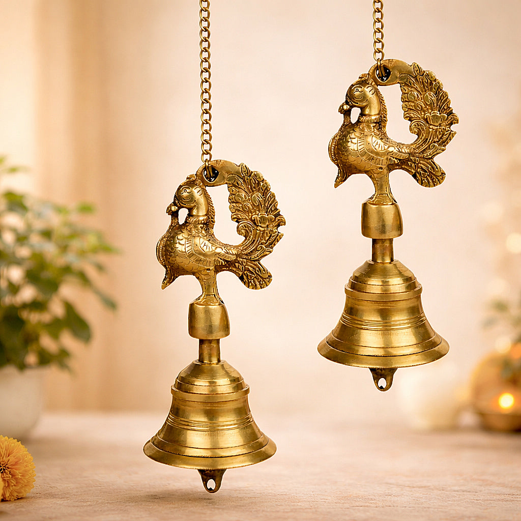 StyleMyway Pure Brass Antique Hanging Temple Bell with Peacock (Set of 2, 3.6 x 3.6 x 8 inches, 2.2 kg, Chain-15 inches)