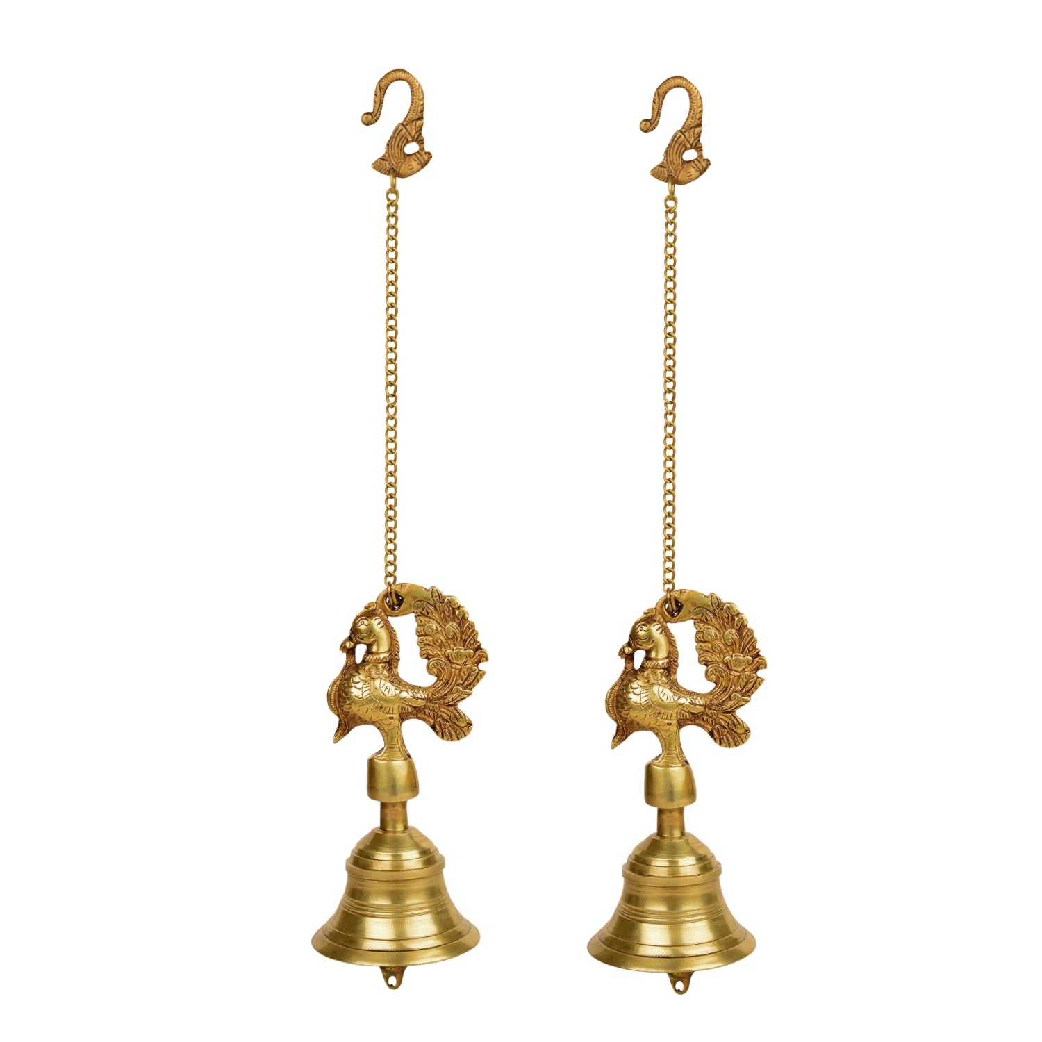 StyleMyway Pure Brass Antique Hanging Temple Bell with Peacock (Set of 2, 3.6 x 3.6 x 8 inches, 2.2 kg, Chain-15 inches) - View 3