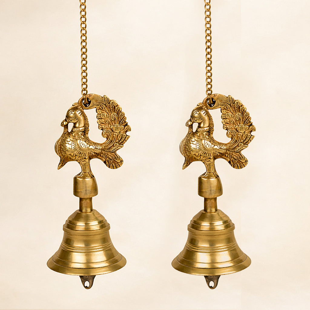 StyleMyway Pure Brass Antique Hanging Temple Bell with Peacock (Set of 2, 3.6 x 3.6 x 8 inches, 2.2 kg, Chain-15 inches) - View 5