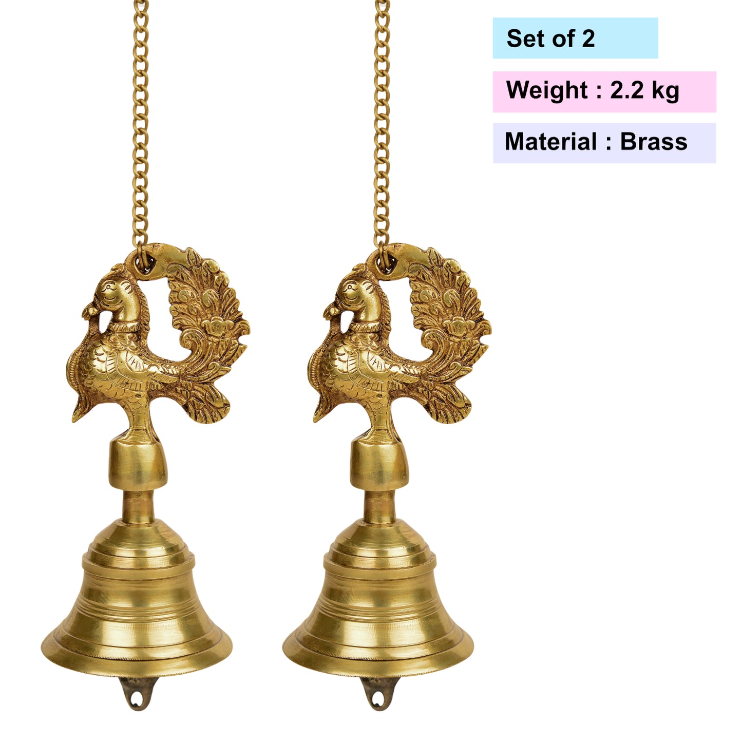 StyleMyway Pure Brass Antique Hanging Temple Bell with Peacock (Set of 2, 3.6 x 3.6 x 8 inches, 2.2 kg, Chain-15 inches) - View 6