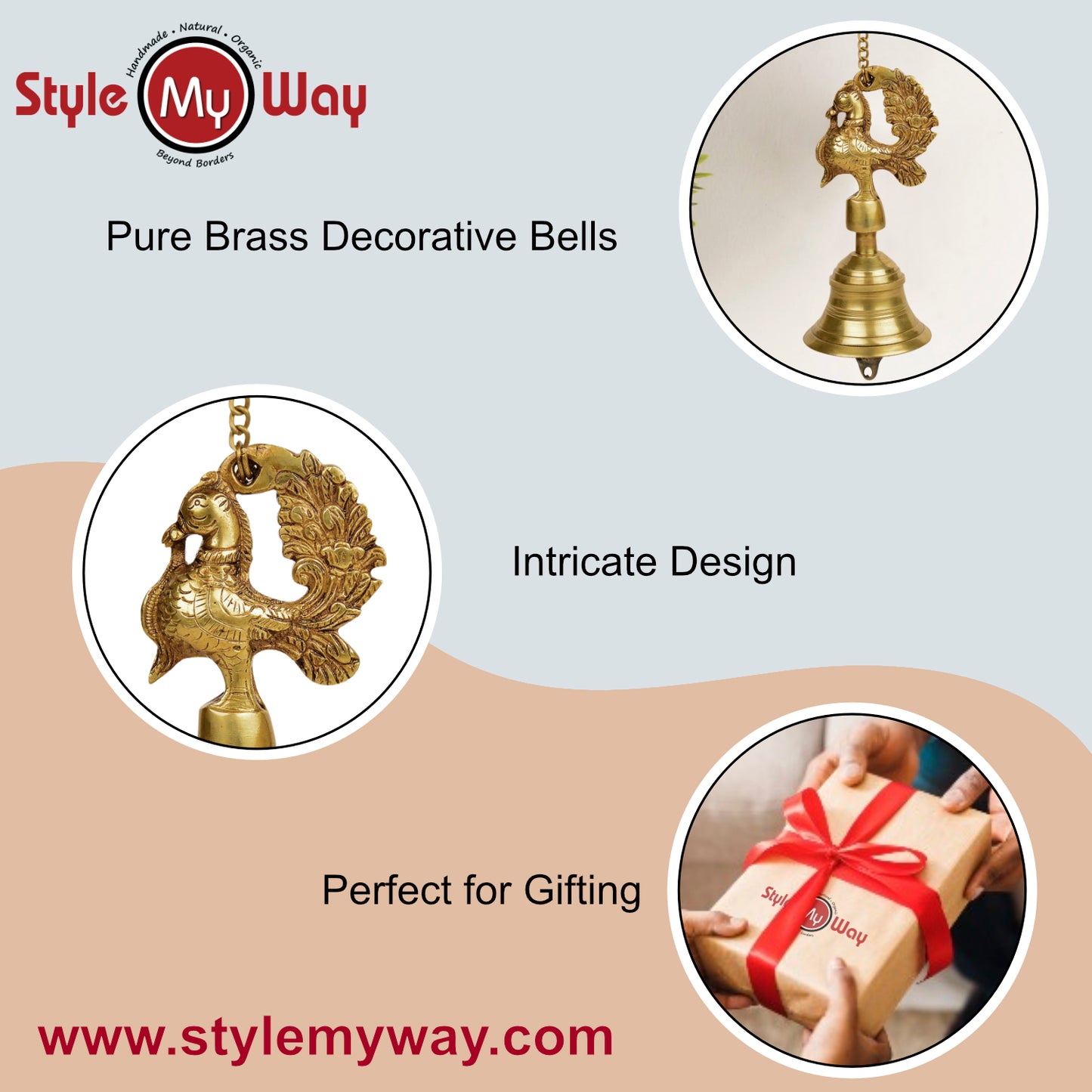 StyleMyway Pure Brass Antique Hanging Temple Bell with Peacock (Set of 2, 3.6 x 3.6 x 8 inches, 2.2 kg, Chain-15 inches) - View 7