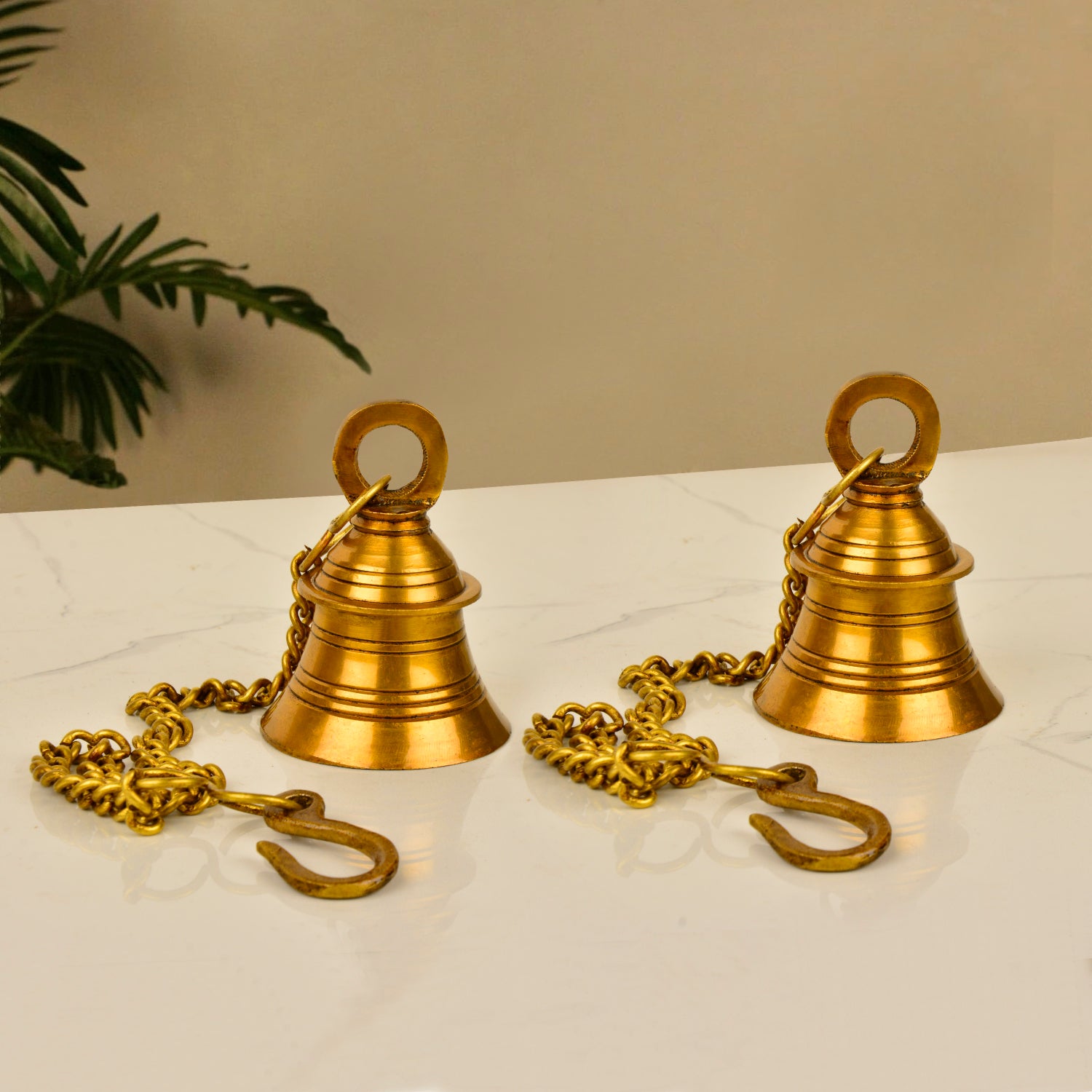 StyleMyway Pure Brass Antique Hanging Temple Bell (Set of 2, 6.5 x 6.5 x 10 cm, 860 gm, Chain-42 cm) - View 3