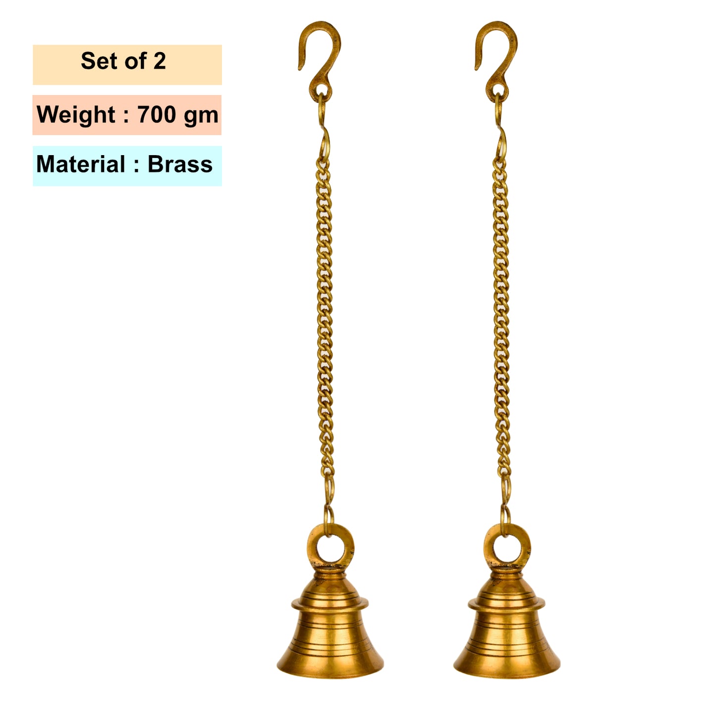 StyleMyway Pure Brass Antique Hanging Temple Bell (Set of 2, 6.5 x 6.5 x 10 cm, 860 gm, Chain-42 cm) - View 4