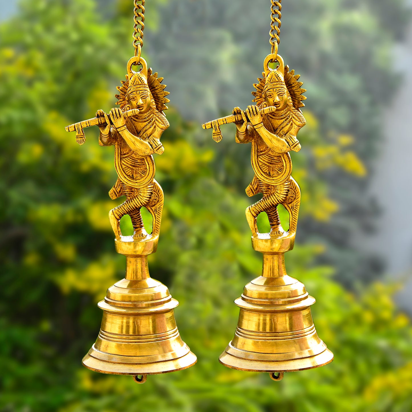 StyleMyway Pure Brass Antique Hanging Temple Bell with Krishna Playing Flute (Set of 2, 3.6 x 3.6 x 9.6 inches, 2.2 kg, Chain-15 inches)
