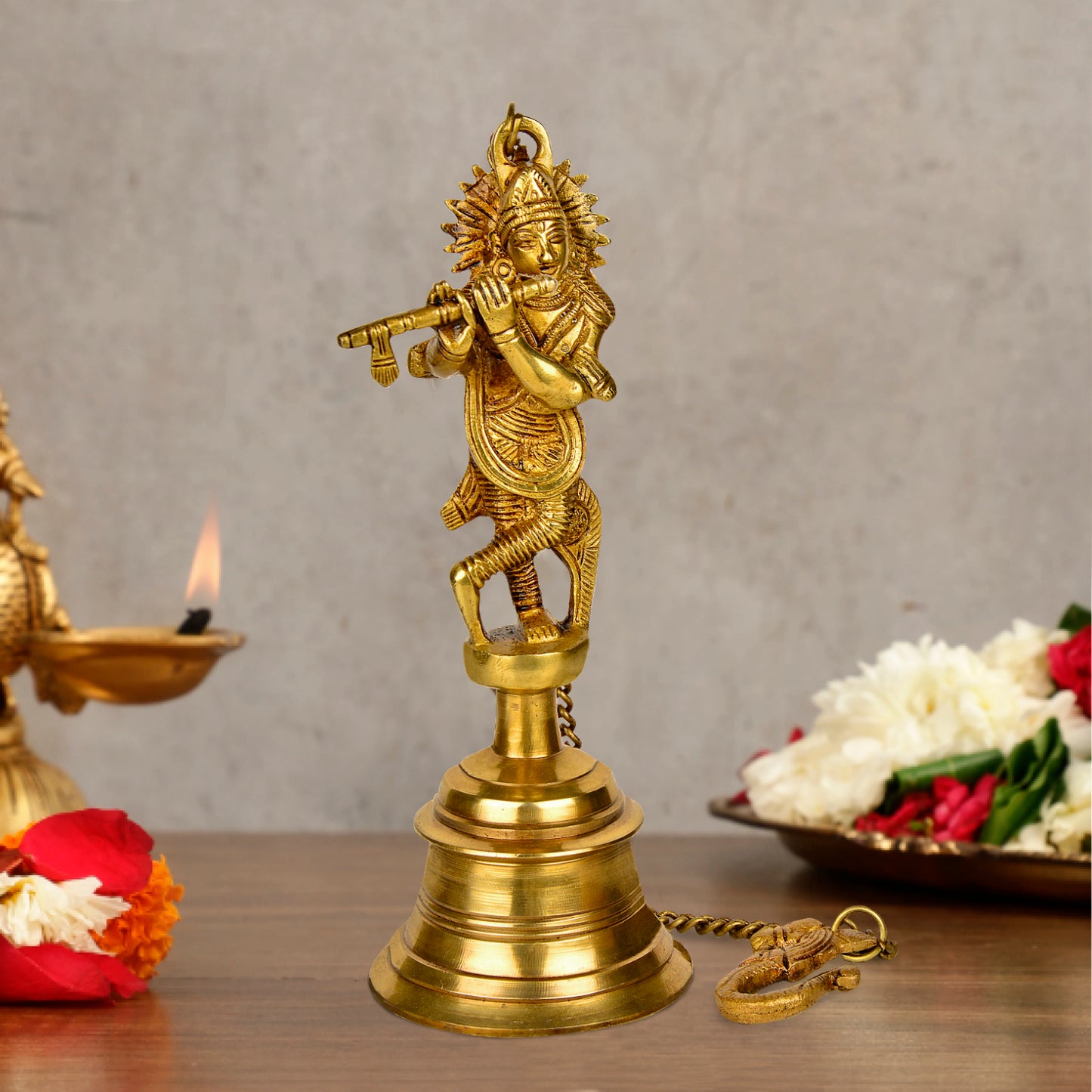 StyleMyway Pure Brass Antique Hanging Temple Bell with Krishna Playing Flute (Set of 2, 3.6 x 3.6 x 9.6 inches, 2.2 kg, Chain-15 inches) - View 3