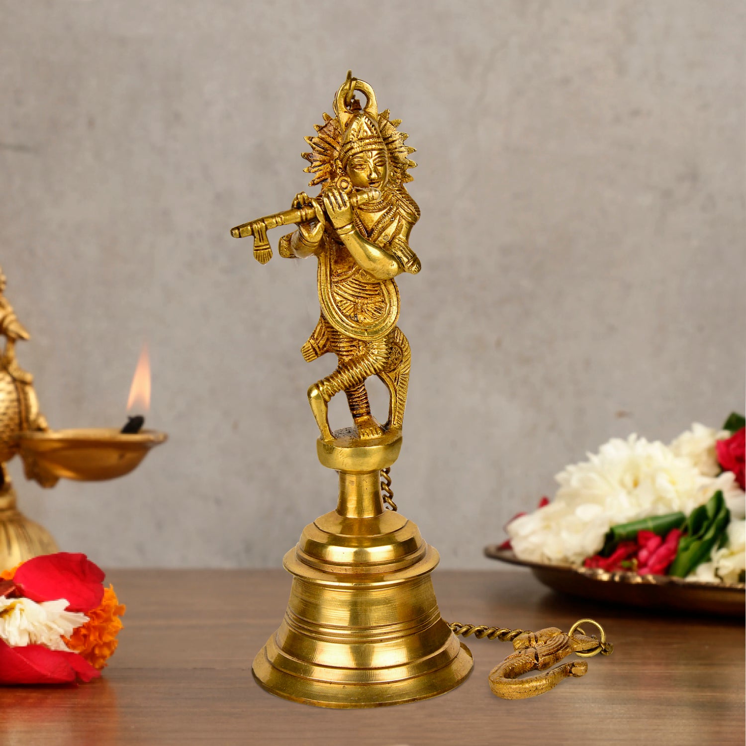 StyleMyway Pure Brass Antique Hanging Temple Bell with Krishna Playing Flute (Set of 2, 3.6 x 3.6 x 9.6 inches, 2.2 kg, Chain-15 inches) - View 3