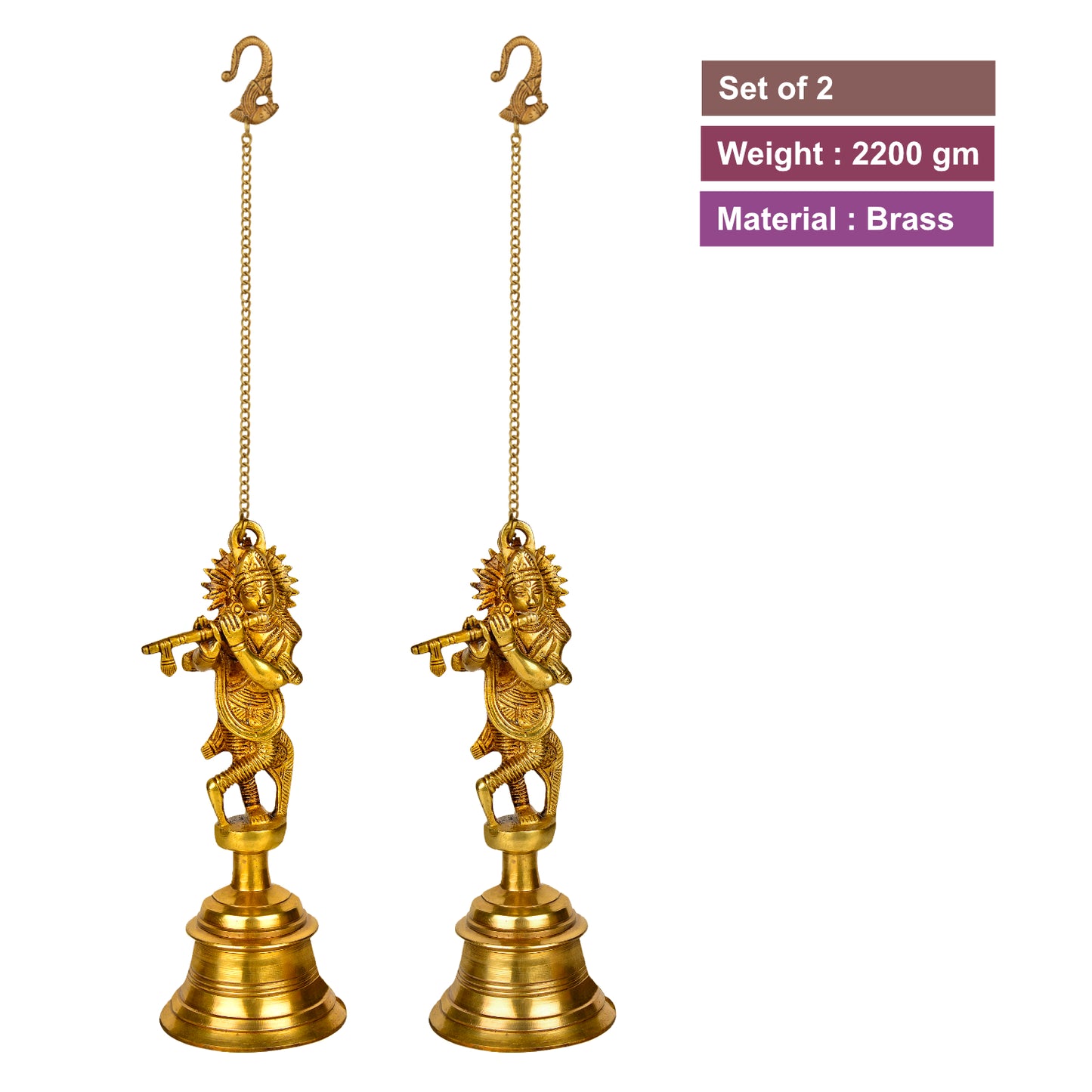 StyleMyway Pure Brass Antique Hanging Temple Bell with Krishna Playing Flute (Set of 2, 3.6 x 3.6 x 9.6 inches, 2.2 kg, Chain-15 inches) - View 4