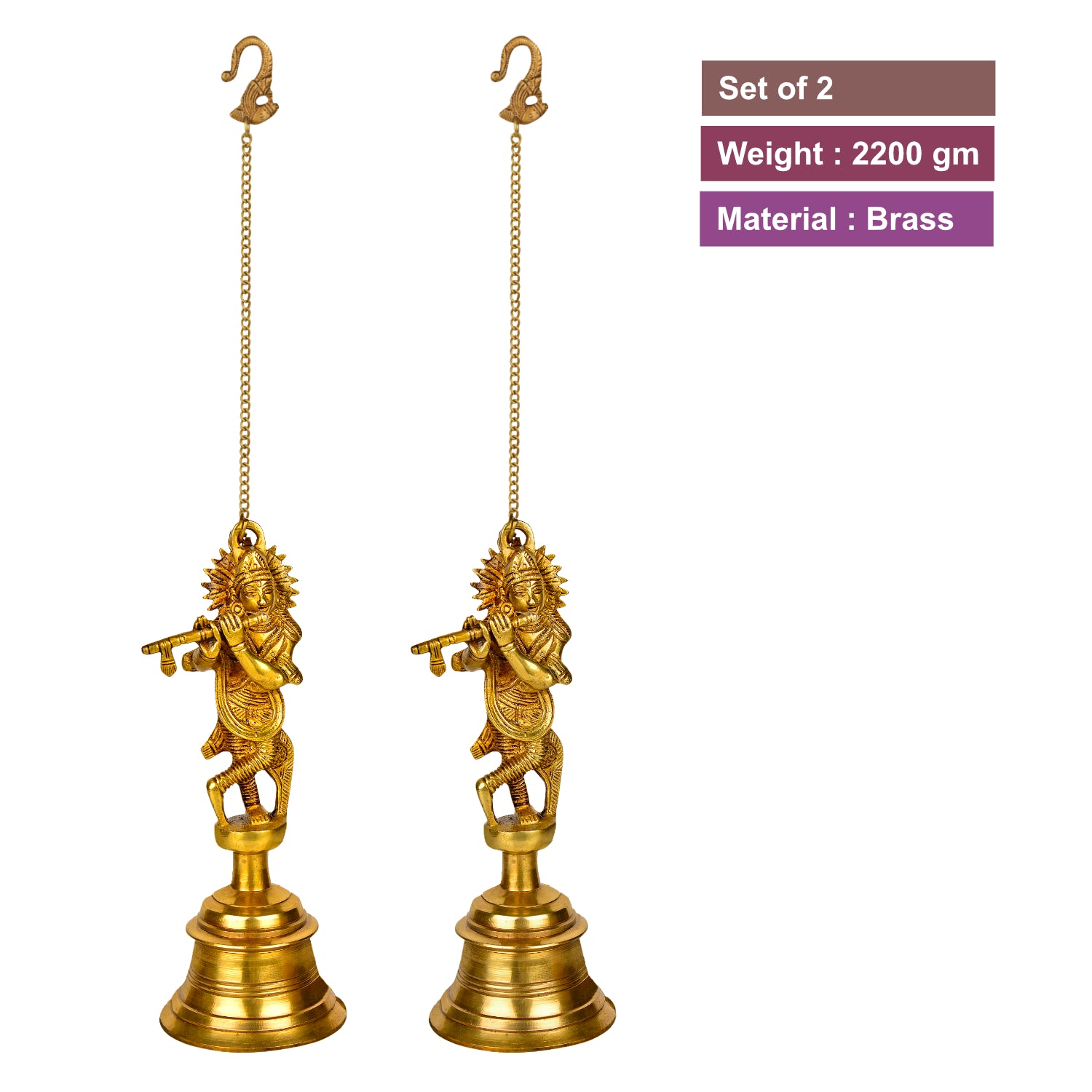 StyleMyway Pure Brass Antique Hanging Temple Bell with Krishna Playing Flute (Set of 2, 3.6 x 3.6 x 9.6 inches, 2.2 kg, Chain-15 inches) - View 4