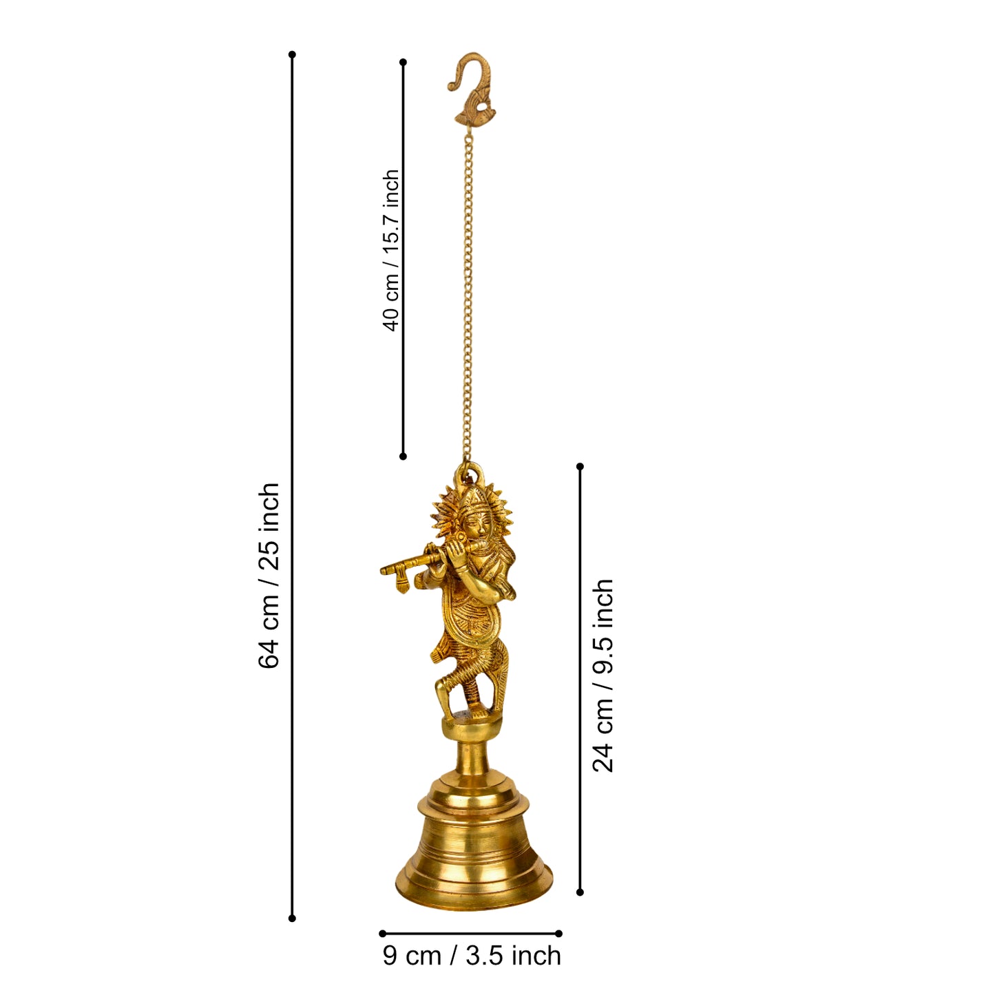 StyleMyway Pure Brass Antique Hanging Temple Bell with Krishna Playing Flute (Set of 2, 3.6 x 3.6 x 9.6 inches, 2.2 kg, Chain-15 inches) - View 2