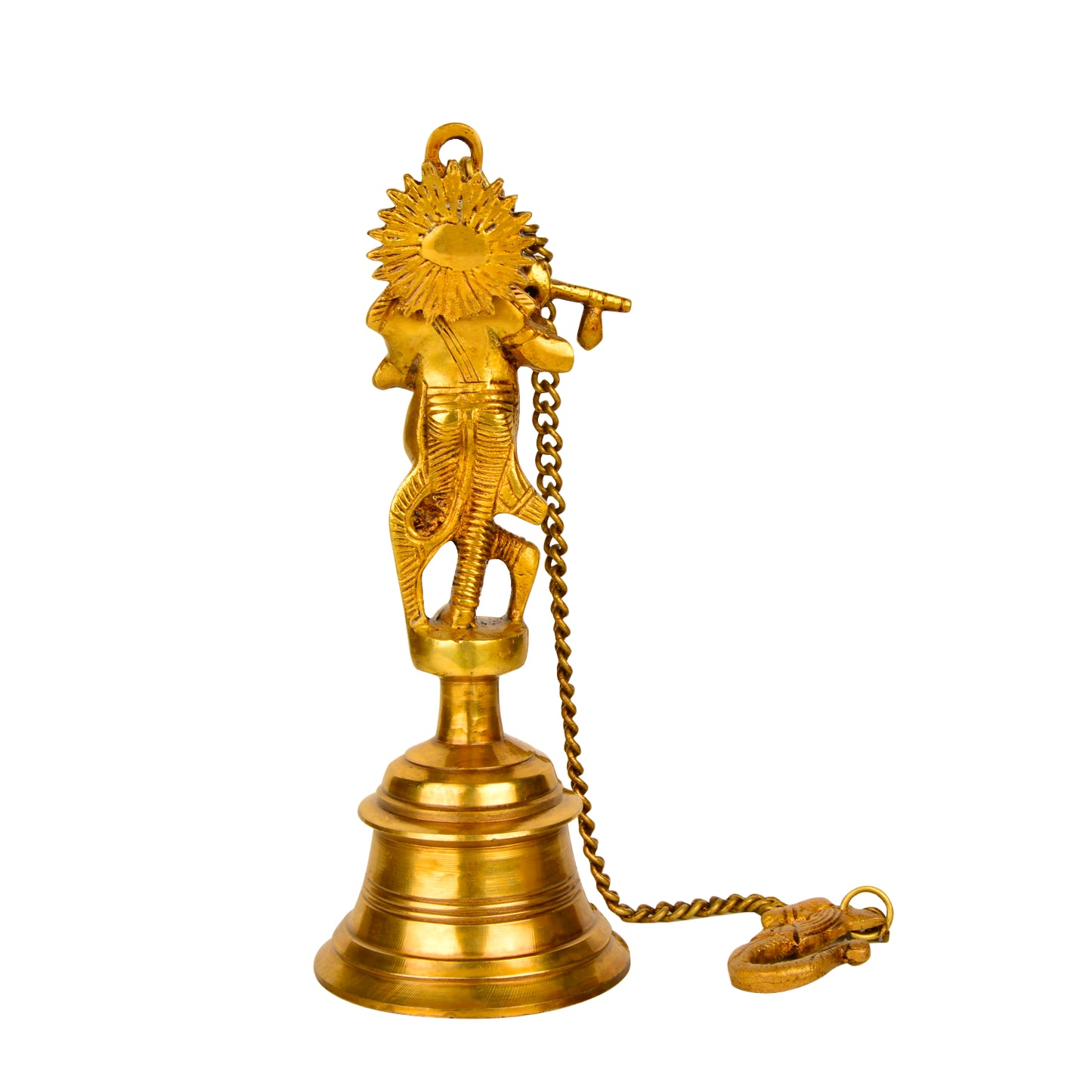 StyleMyway Pure Brass Antique Hanging Temple Bell with Krishna Playing Flute (Set of 2, 3.6 x 3.6 x 9.6 inches, 2.2 kg, Chain-15 inches) - View 5