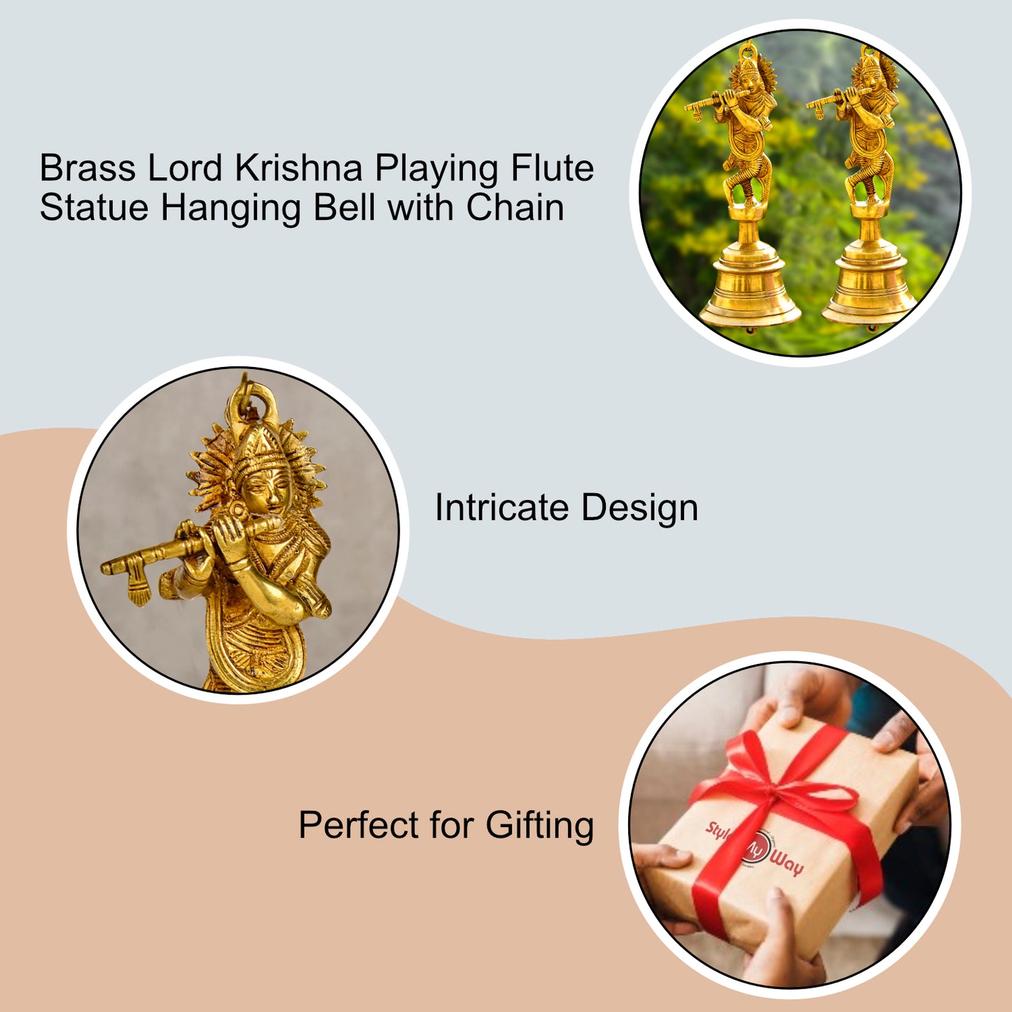 StyleMyway Pure Brass Antique Hanging Temple Bell with Krishna Playing Flute (Set of 2, 3.6 x 3.6 x 9.6 inches, 2.2 kg, Chain-15 inches) - View 6