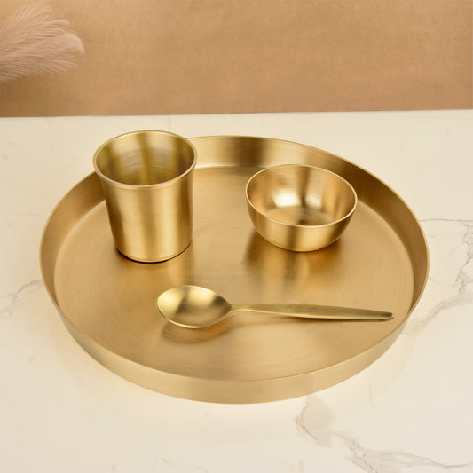 Premium Brass Heavy 4 Pieces Thali Set for Dinner ( Set of 4, 11.5 inches Plate, 3.5 inches Bowl, 250 ml Glass , 6.8 inches Spoon, Golden, Matte Finish, 1.34 kg )