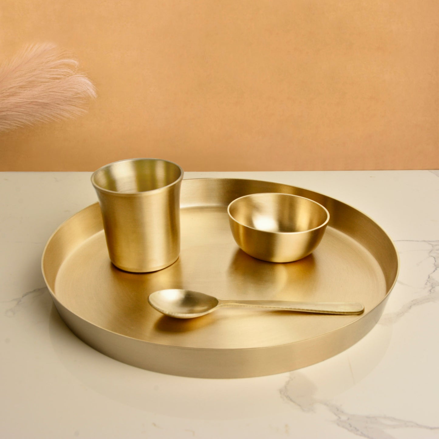 Premium Brass Heavy 4 Pieces Thali Set for Dinner ( Set of 4, 11.5 inches Plate, 3.5 inches Bowl, 250 ml Glass , 6.8 inches Spoon, Golden, Matte Finish, 1.34 kg ) - View 3