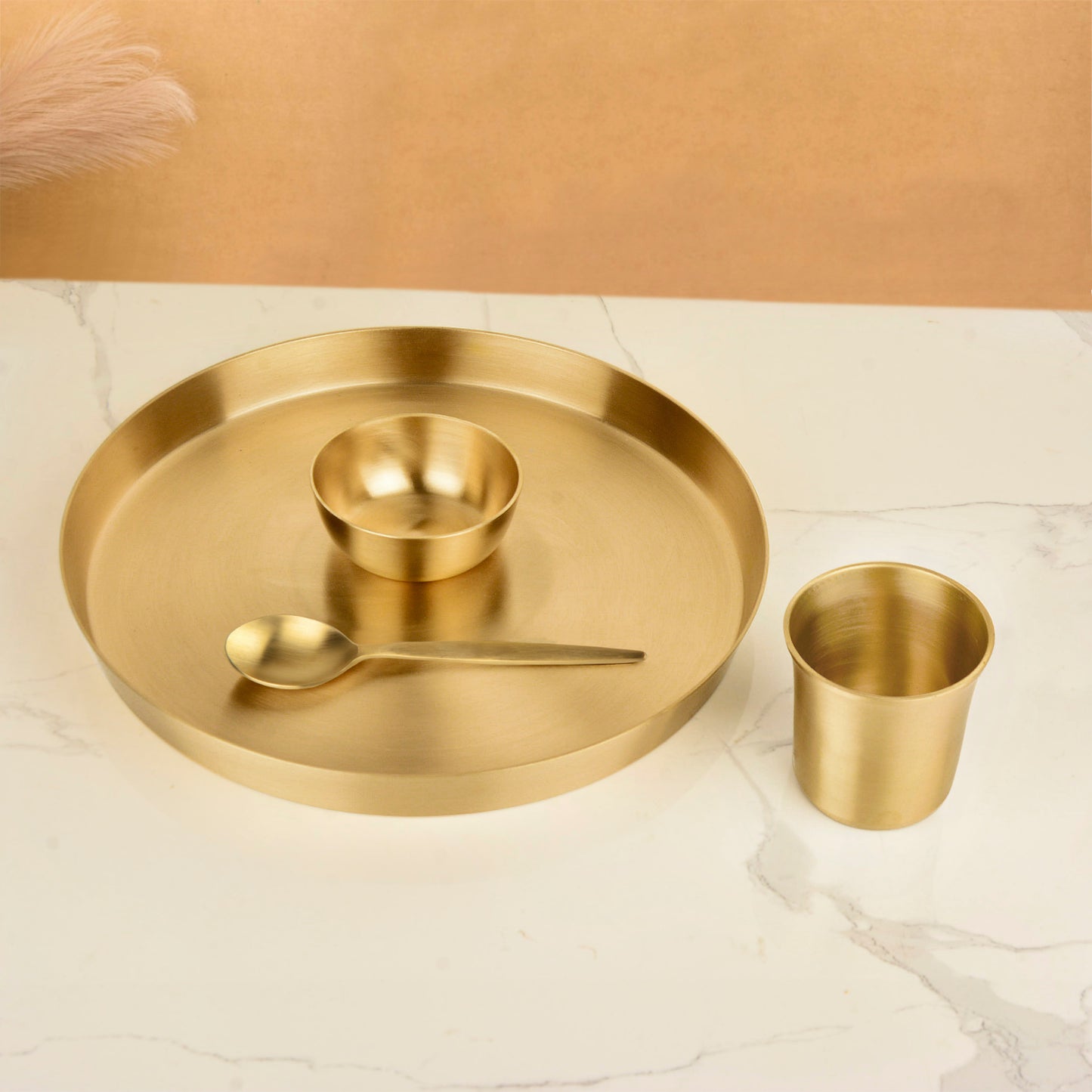 Premium Brass Heavy 4 Pieces Thali Set for Dinner ( Set of 4, 11.5 inches Plate, 3.5 inches Bowl, 250 ml Glass , 6.8 inches Spoon, Golden, Matte Finish, 1.34 kg ) - View 4