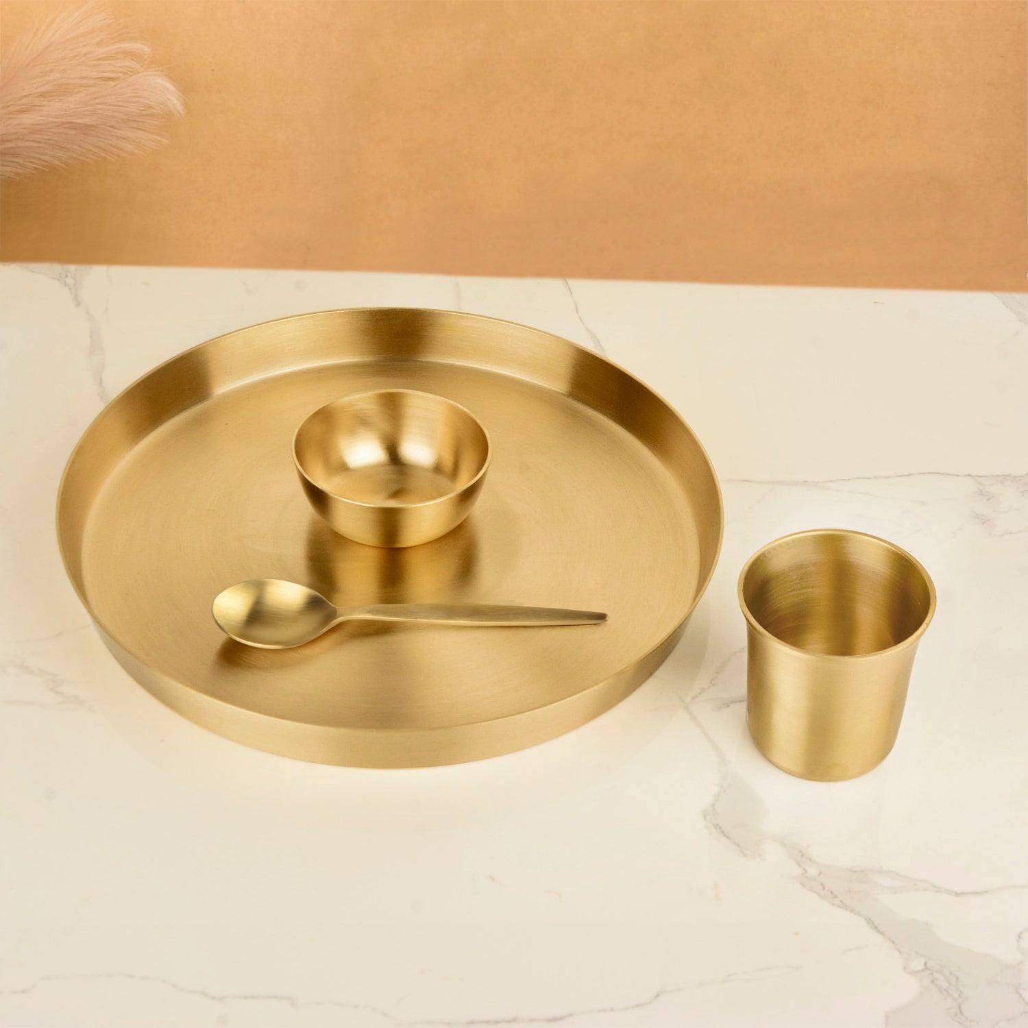 Premium Brass Heavy 4 Pieces Thali Set for Dinner ( Set of 4, 11.5 inches Plate, 3.5 inches Bowl, 250 ml Glass , 6.8 inches Spoon, Golden, Matte Finish, 1.34 kg ) - View 4