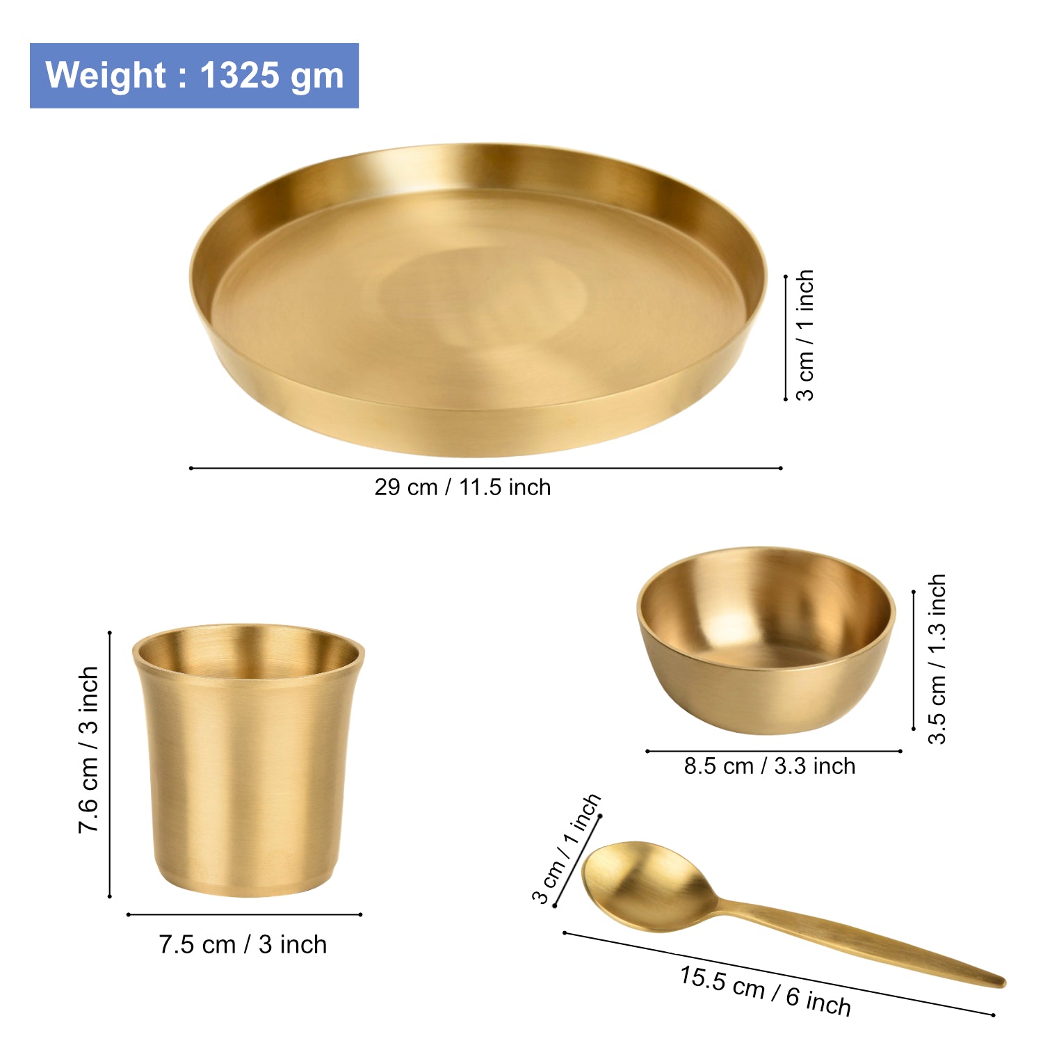 Premium Brass Heavy 4 Pieces Thali Set for Dinner ( Set of 4, 11.5 inches Plate, 3.5 inches Bowl, 250 ml Glass , 6.8 inches Spoon, Golden, Matte Finish, 1.34 kg ) - View 2