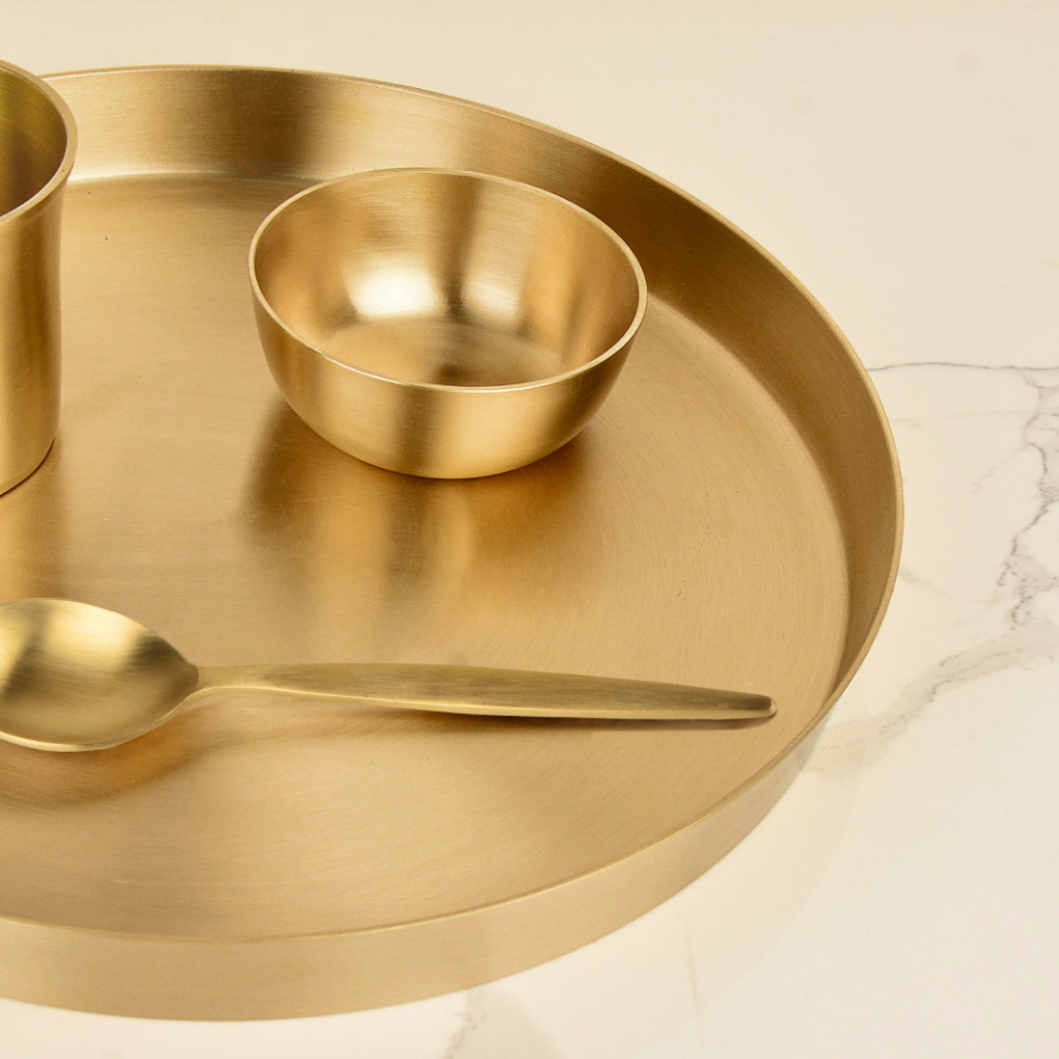 Premium Brass Heavy 4 Pieces Thali Set for Dinner ( Set of 4, 11.5 inches Plate, 3.5 inches Bowl, 250 ml Glass , 6.8 inches Spoon, Golden, Matte Finish, 1.34 kg ) - View 6