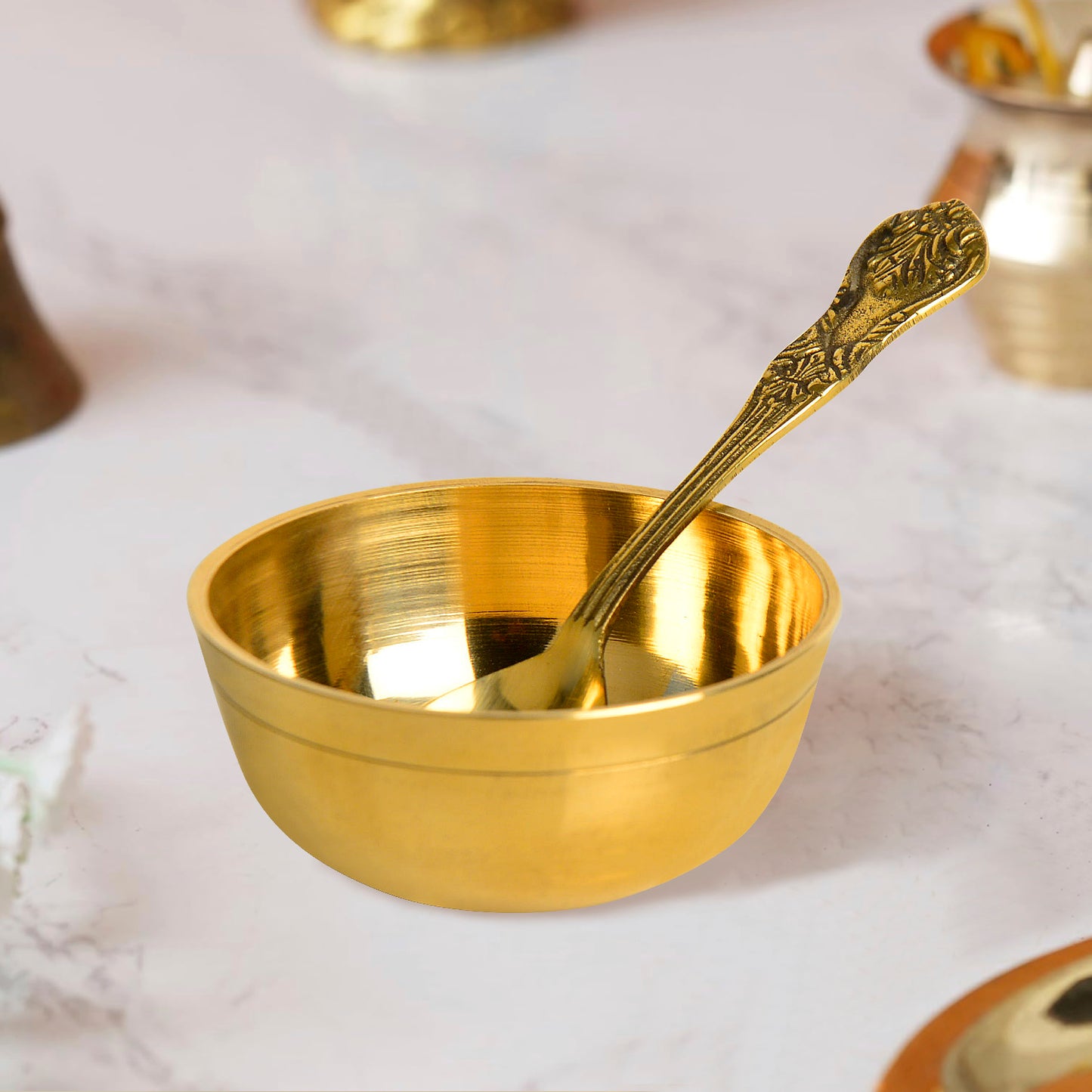 Premium Pure Brass Pooja Katori with Spoon (Bowl : Diameter – 7 cm, Weight – 50 gm ; Spoon - 11 cm)