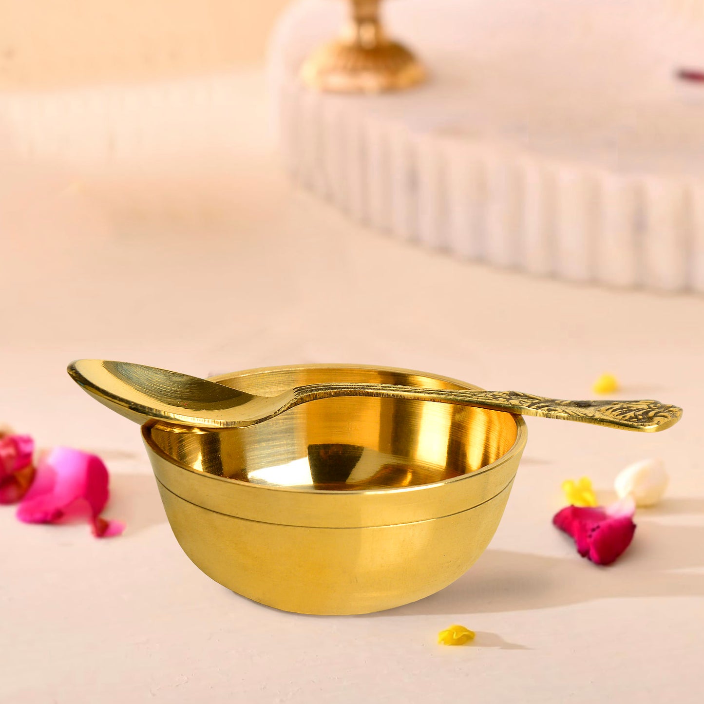 Premium Pure Brass Pooja Katori with Spoon (Bowl : Diameter – 7 cm, Weight – 50 gm ; Spoon - 11 cm) - View 5