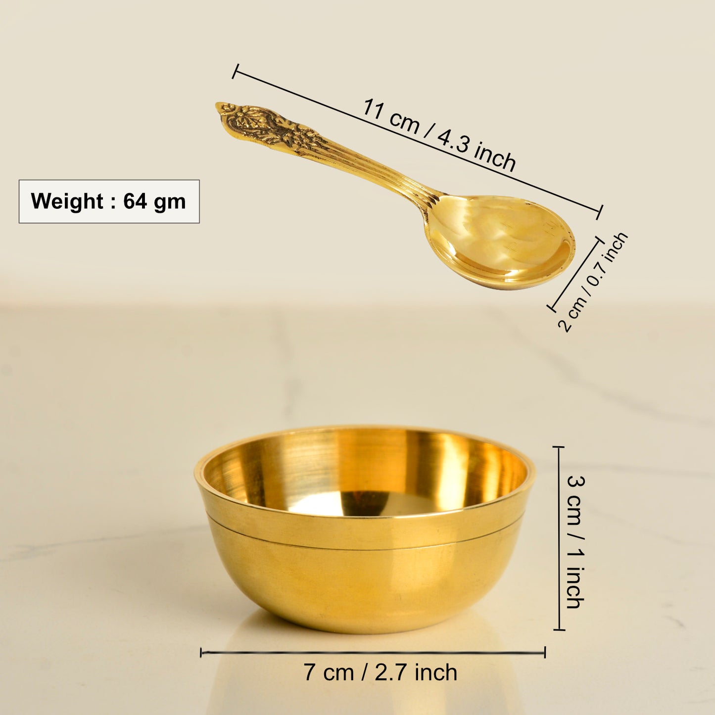 Premium Pure Brass Pooja Katori with Spoon (Bowl : Diameter – 7 cm, Weight – 50 gm ; Spoon - 11 cm) - View 3