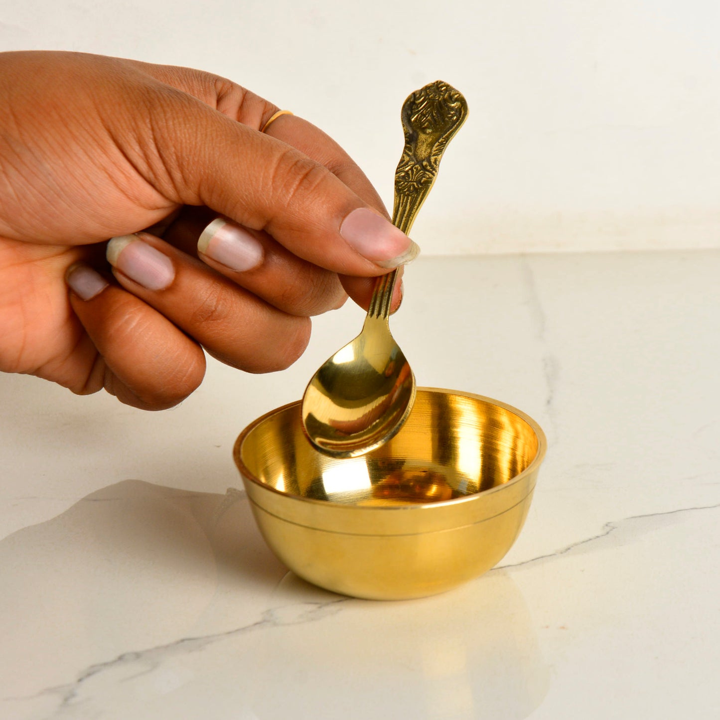 Premium Pure Brass Pooja Katori with Spoon (Bowl : Diameter – 7 cm, Weight – 50 gm ; Spoon - 11 cm) - View 4