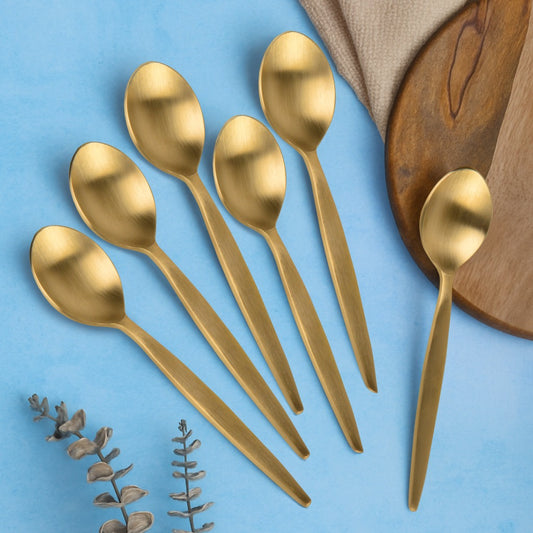 Premium Pure Brass Matte Finish Spoon for Eating ( Set of 6, Length - 6.2 inches, 40 gm each, Golden Color)