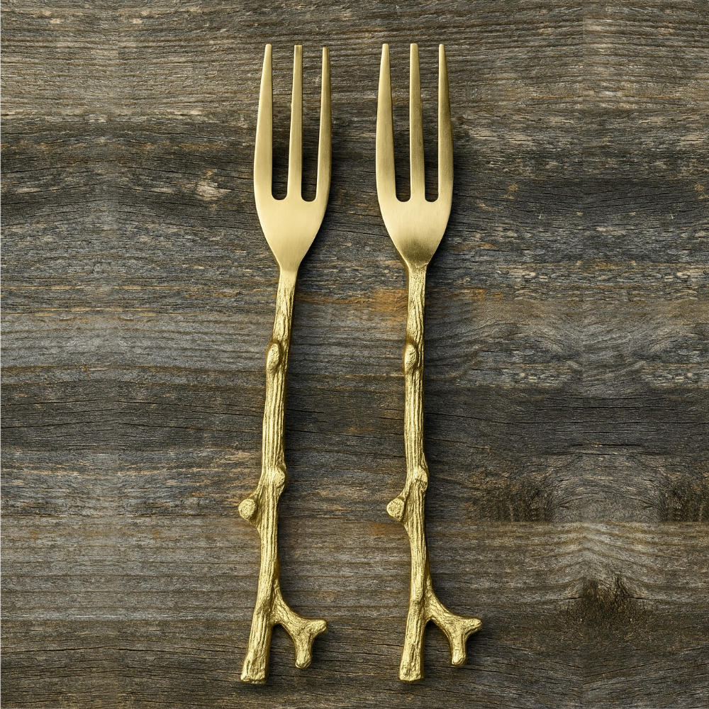 Premium Pure Brass Matte Finish Branch Style Fork for Eating ( Set of 2, Length - 7.2 inches, 50 gm each, Golden Color)