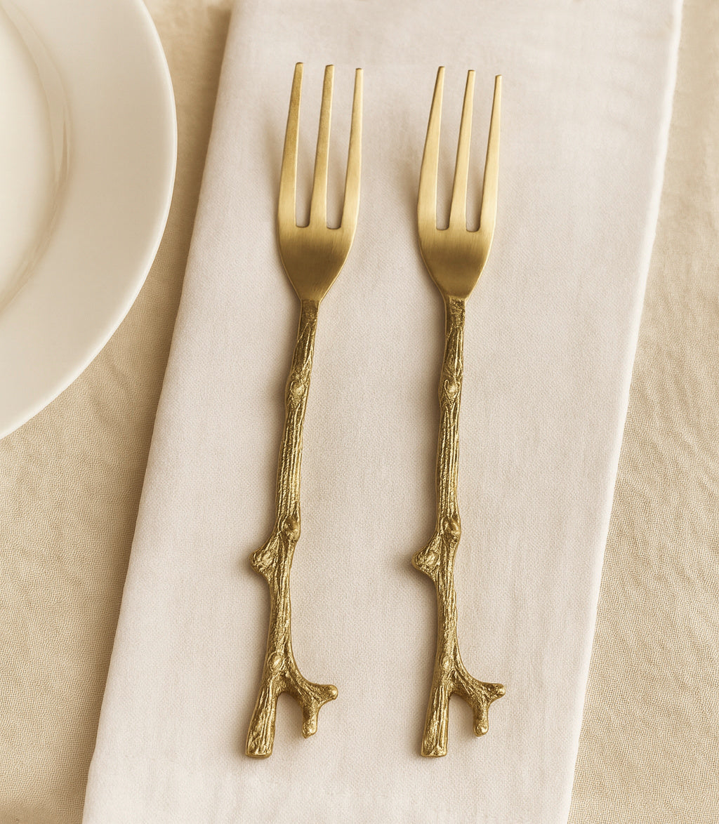 Premium Pure Brass Matte Finish Branch Style Fork for Eating ( Set of 2, Length - 7.2 inches, 50 gm each, Golden Color) - View 5