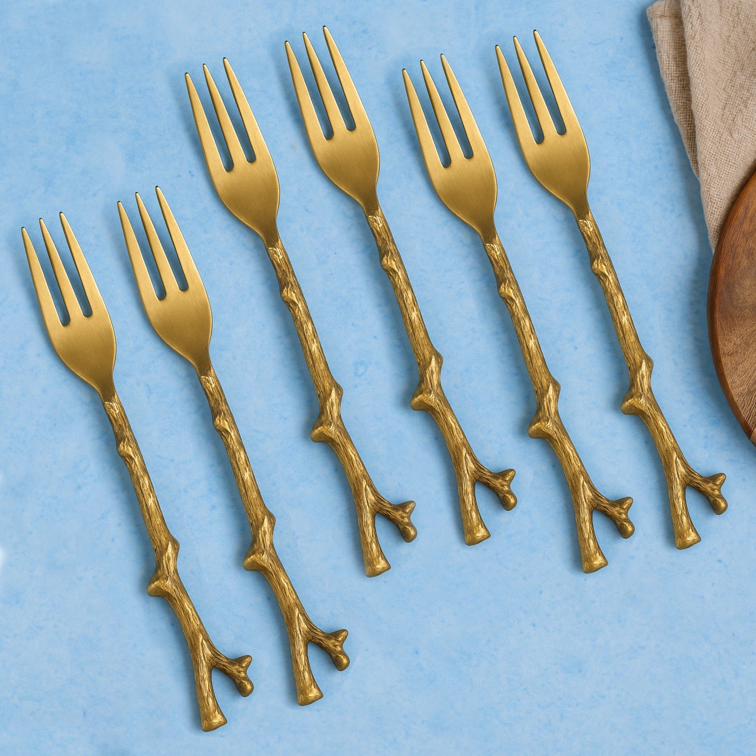 Premium Pure Brass Matte Finish Branch Style Fork for Eating ( Set of 6, Length - 7.2 inches, 50 gm each, Golden Color)