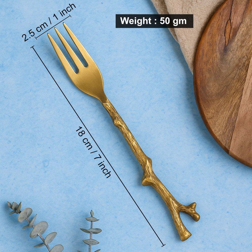 Premium Pure Brass Matte Finish Branch Style Fork for Eating ( Set of 6, Length - 7.2 inches, 50 gm each, Golden Color) - View 2