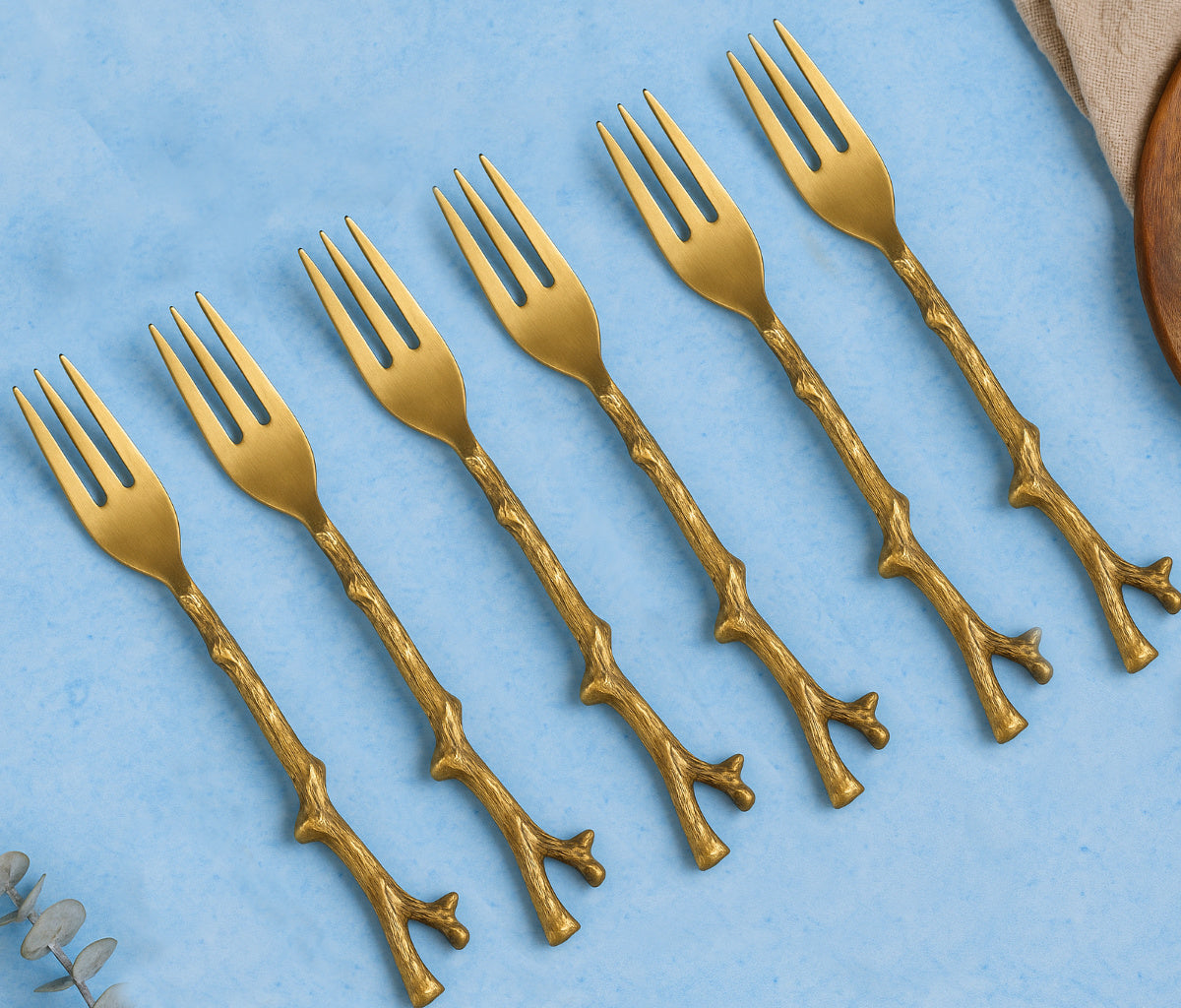 Premium Pure Brass Matte Finish Branch Style Fork for Eating ( Set of 6, Length - 7.2 inches, 50 gm each, Golden Color) - View 3