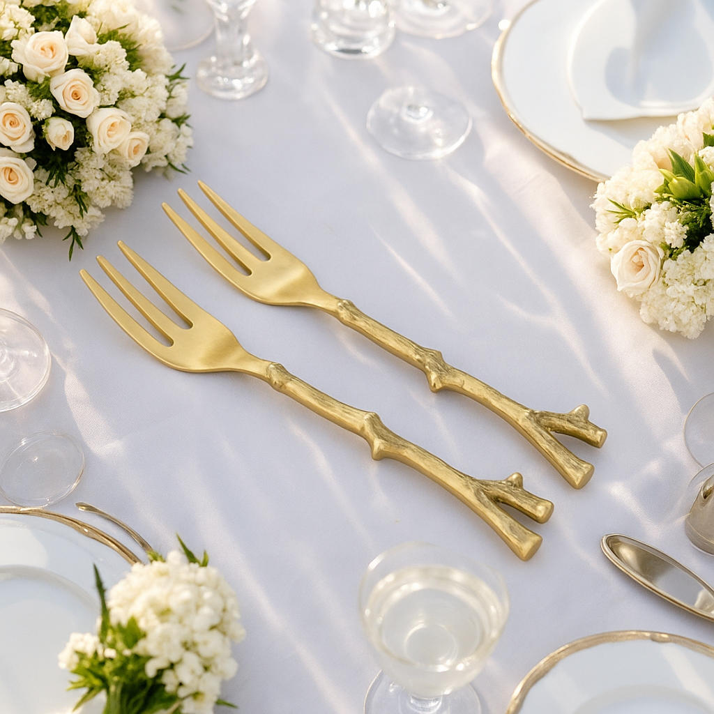 Premium Pure Brass Matte Finish Branch Style Fork for Eating ( Set of 6, Length - 7.2 inches, 50 gm each, Golden Color) - View 4