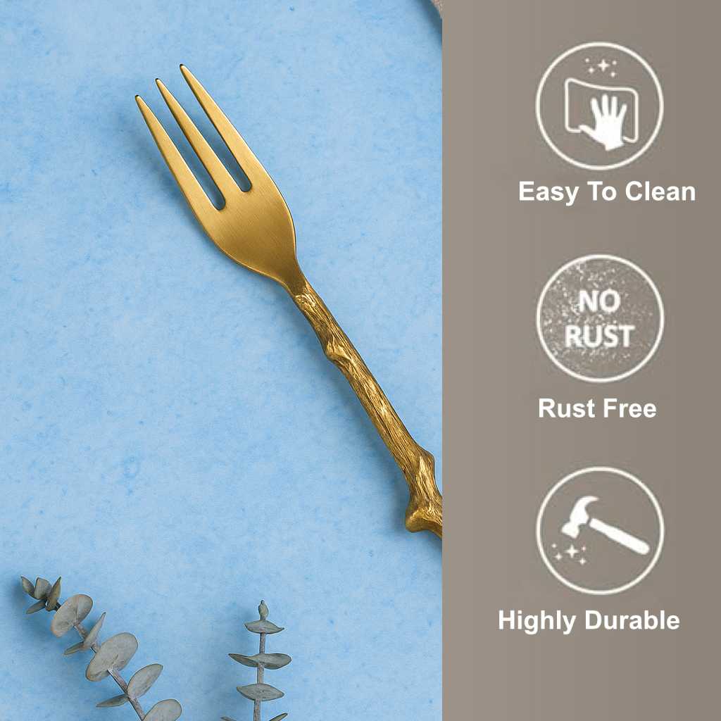 Premium Pure Brass Matte Finish Branch Style Fork for Eating ( Set of 6, Length - 7.2 inches, 50 gm each, Golden Color) - View 6