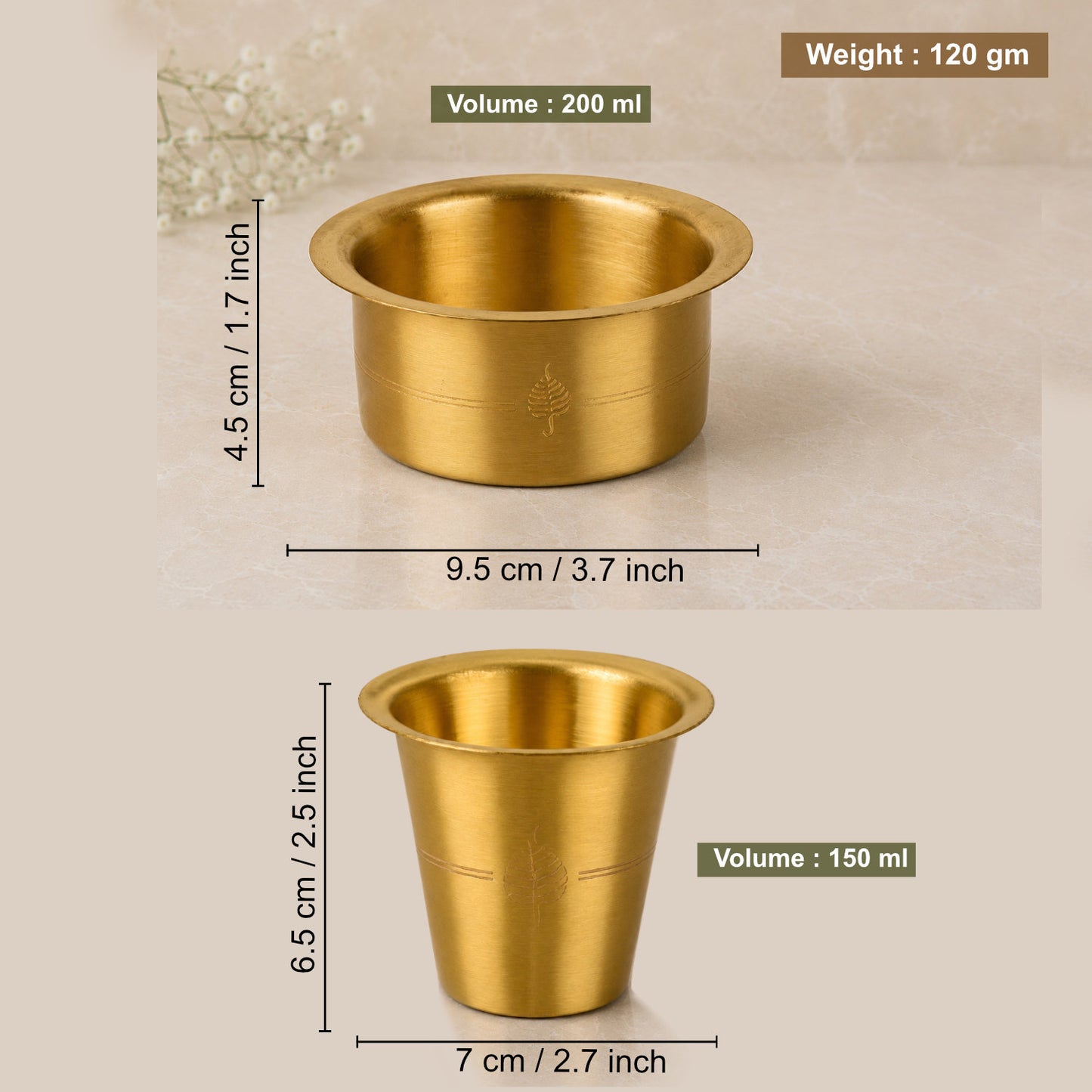 Traditional Brass Coffee Dabara (Davara) Set (Set of 2, 150 ml Cup and 200 ml Dabara, 240 gm)