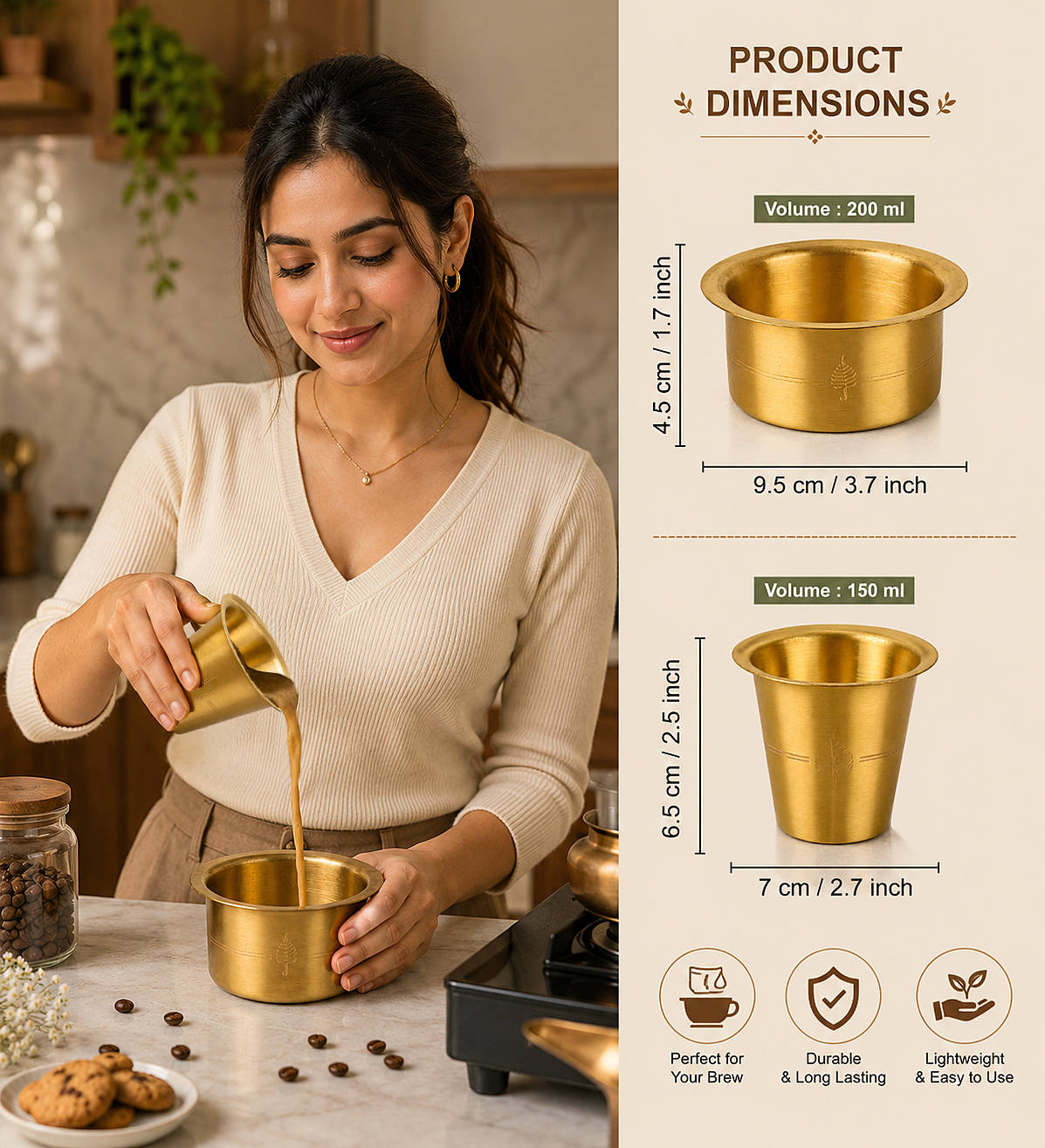 Traditional Brass Coffee Dabara (Davara) Set (Set of 2, 150 ml Cup and 200 ml Dabara, 240 gm)