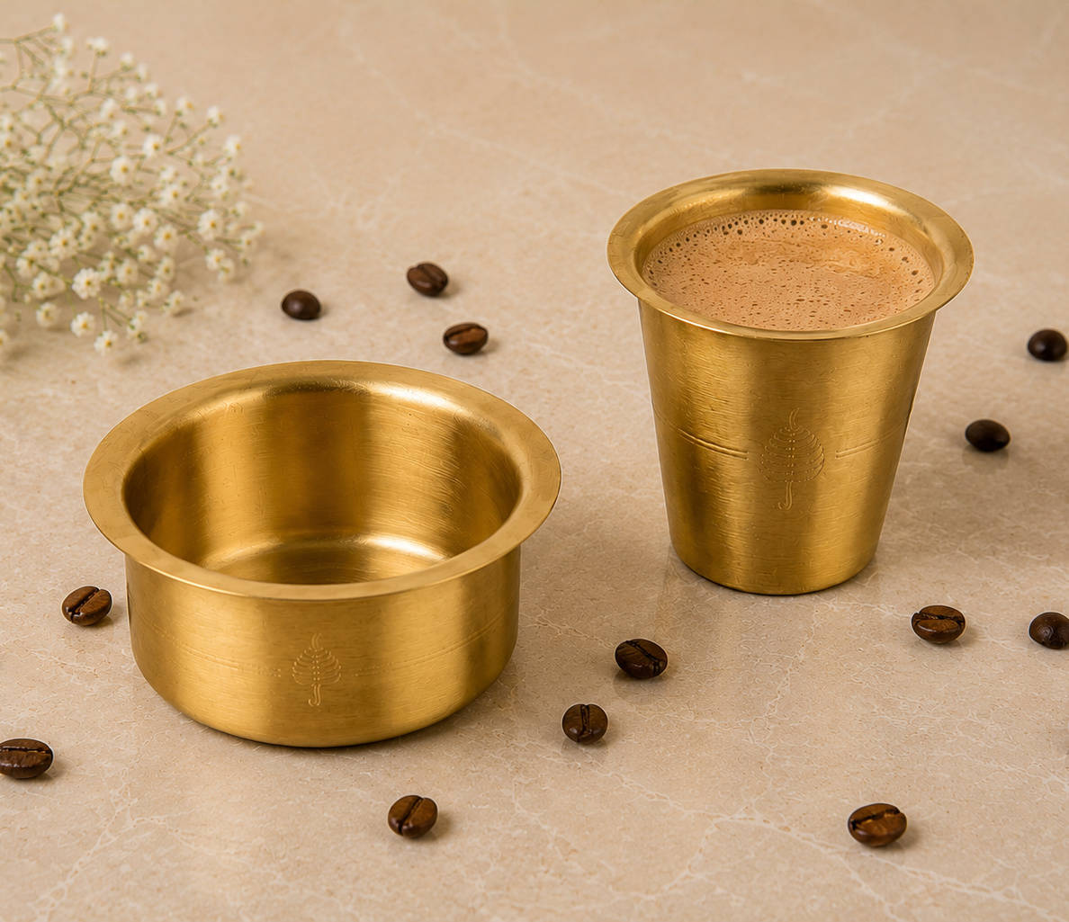 Traditional Brass Coffee Dabara (Davara) Set (Set of 4, 150 ml Cup and 200 ml Dabara, 480 gm)