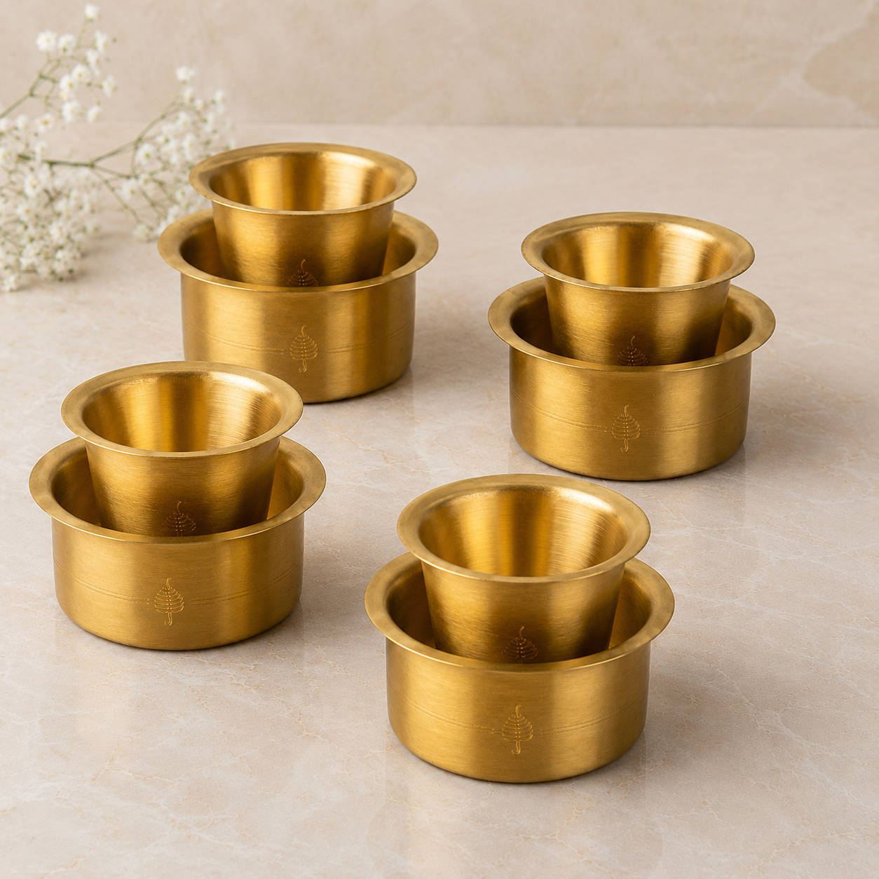 Traditional Brass Coffee Dabara (Davara) Set (Set of 4, 150 ml Cup and 200 ml Dabara, 480 gm)